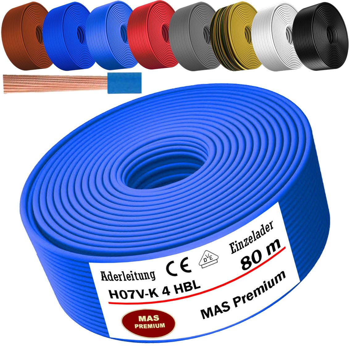 Cable Eléctrico de 5 a 100 m H07 V-K 4 mm², negro, marrón, azul oscuro, amarillo verde, gris, azul claro o rojo, cable individual flexible (azul claro, 80 m).