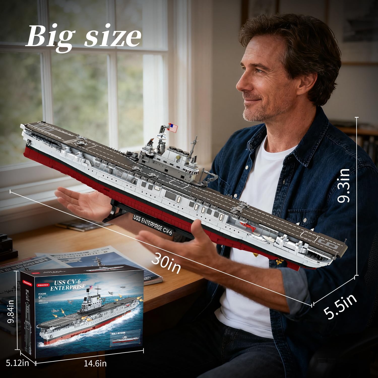 Military Series World War II Battleship Building Kit, 1883 Pieces World Class USS CV-6 Enterprise Compatible with Lego Army Set for Adults WW2, Toy Gift Boat Building Block Kids 8-12 Model Home Decor