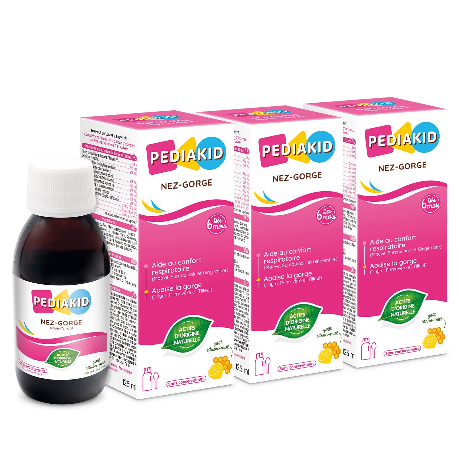 PEDIAKID - Sirop Nez-Gorge - Apaise & dégage les voies respiratoires - Participe au fonctionnement du système immunitaire - Thym, Tilleul, Sureau, Gingembre, Vitamine C & Cuivre - Lot de 3