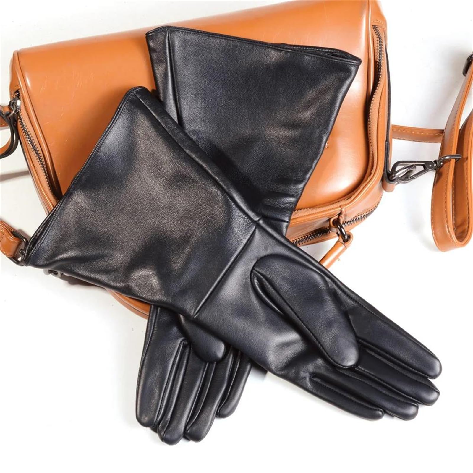 Guantes largos de piel de oveja auténtica negra para mujer, longitud al codo, medieval, renacentista, cosplay, guantes de vestir