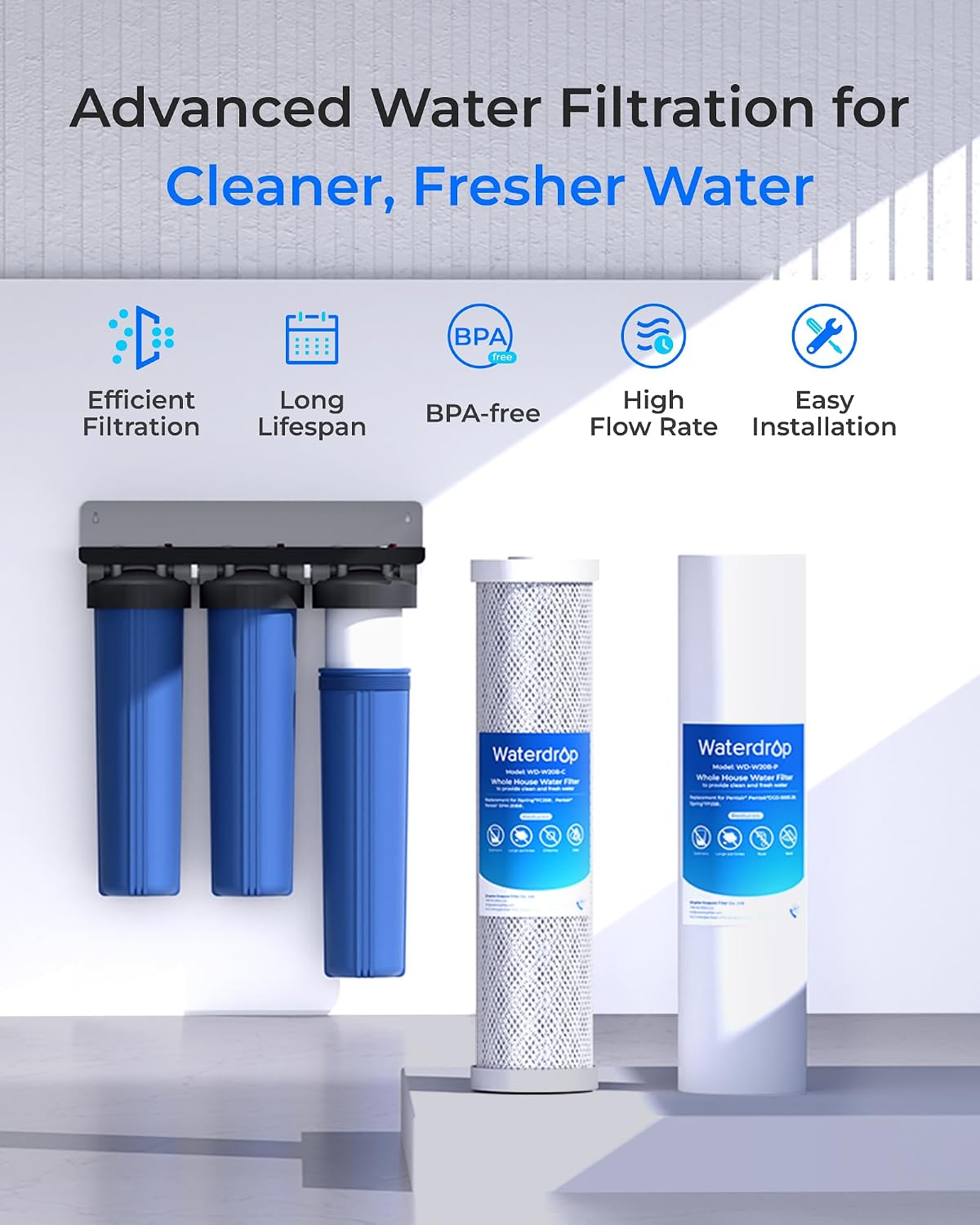 Waterdrop 20 x 4.5 Inch Whole House Water Filter Replacement Water Filter Sediment and Carbon Filter Cartridges, Pack of 4