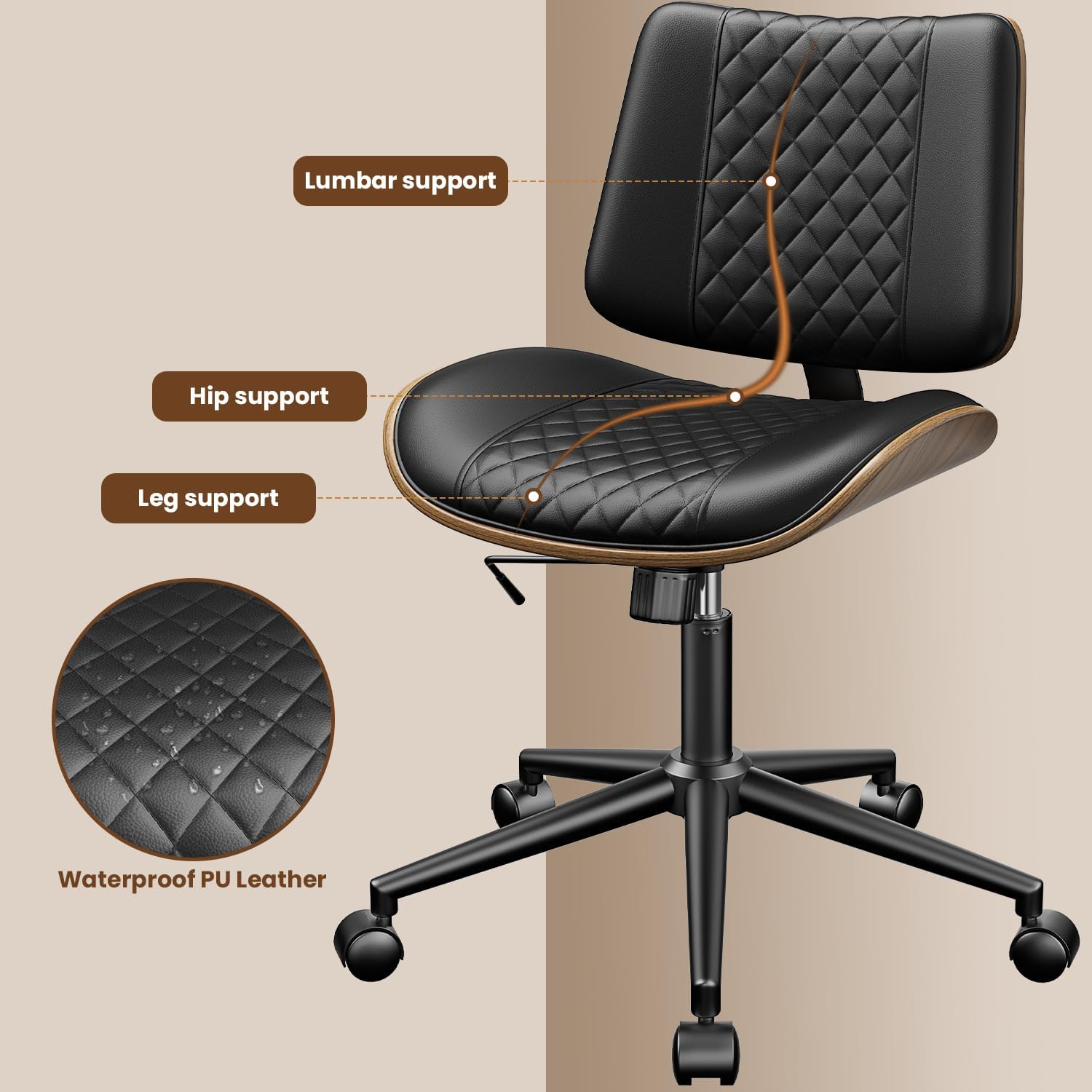 YaFiti Armless Office Chair, Mid Century Modern Desk Chair with Walnut Wood Back & SGS Level 3 Gas Lift, Swivel PU Leather Computer Chair for Small Space, Home Office, Bedroom, 300lbs Cap, Black