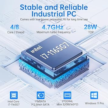 Mini PC, Fanless Industrial Computer with Core i7-1165G7, 8G RAM 128G SSD, Dual NIC 2.5G LAN, 6*COM RS232, Support 4G Module/SIM, 1*HDMI 1*VGA, Windows 11 Pro