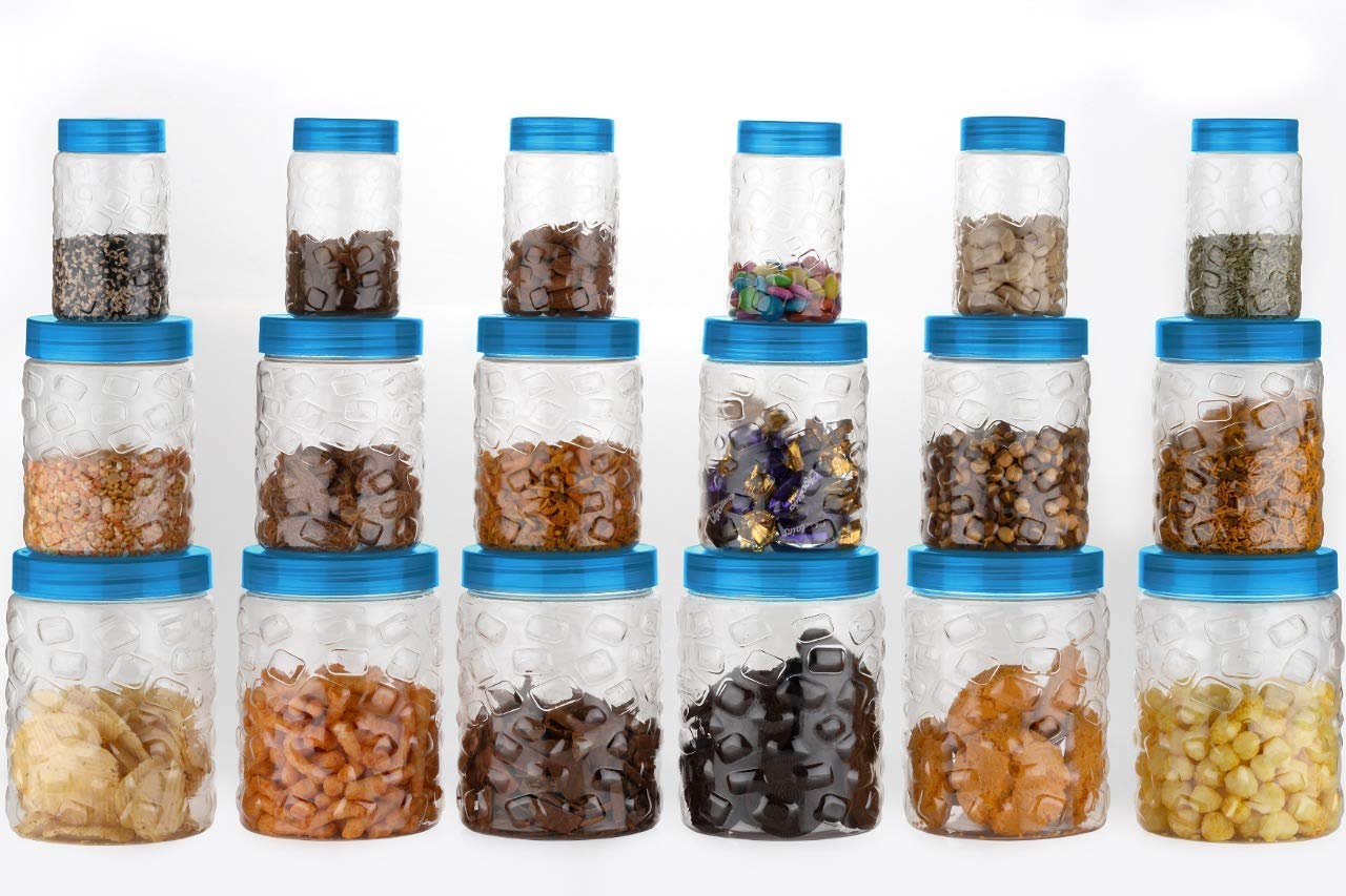 Kuber Industries Stone Design Plastic 18 Pieces Pet Grocery Container, Fridge Container, Utility Box, 1000 ml, 500 ml and 200 ml (Blue)-KUDMART3339