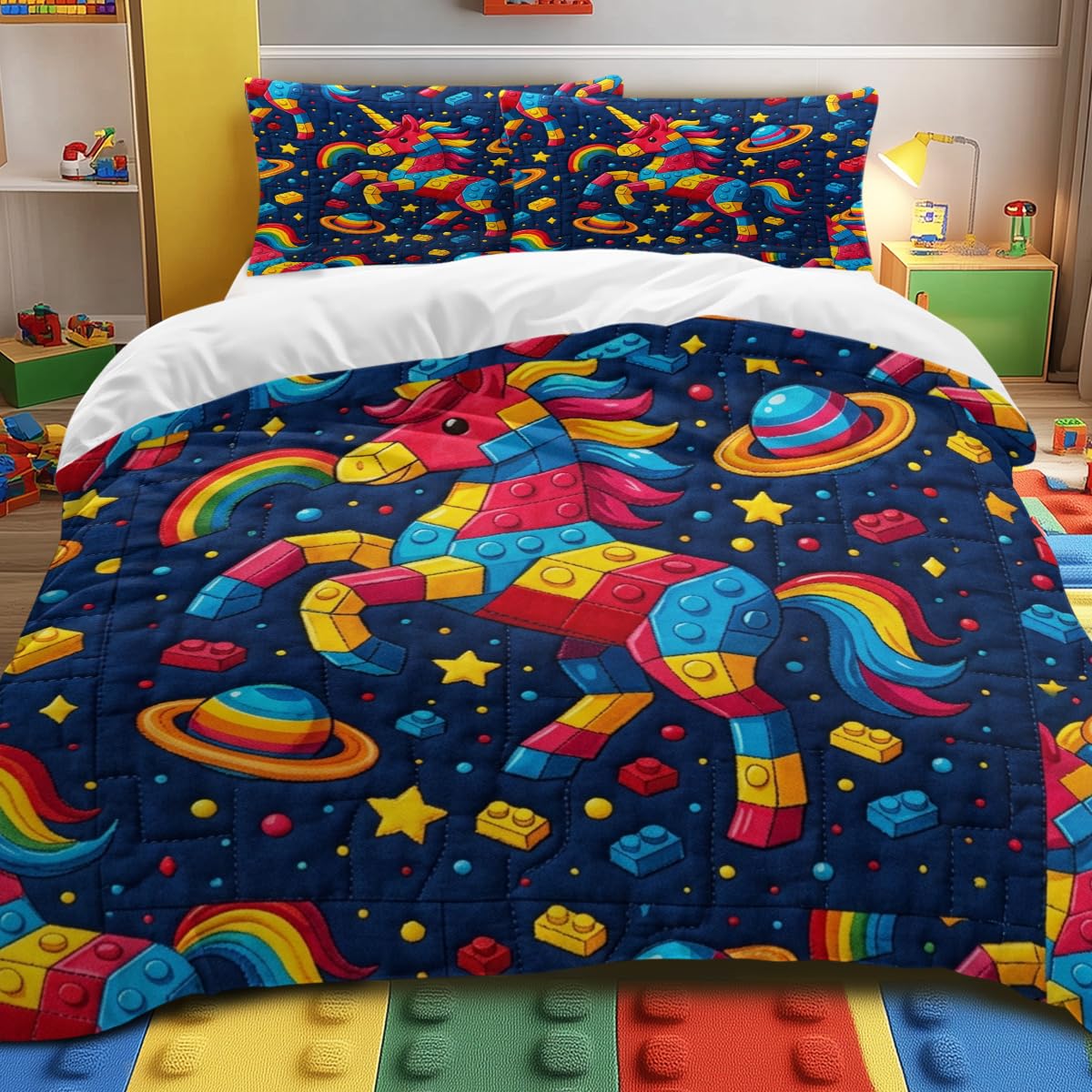 King Size Unicorn Duvet Cover Set for Kids, Colorful Space Galaxy Building Block Horses, Ultra Soft Microfiber Bedding with Zipper Closure, 3 Piece Comforter Cover for Playful Bedroom Decor