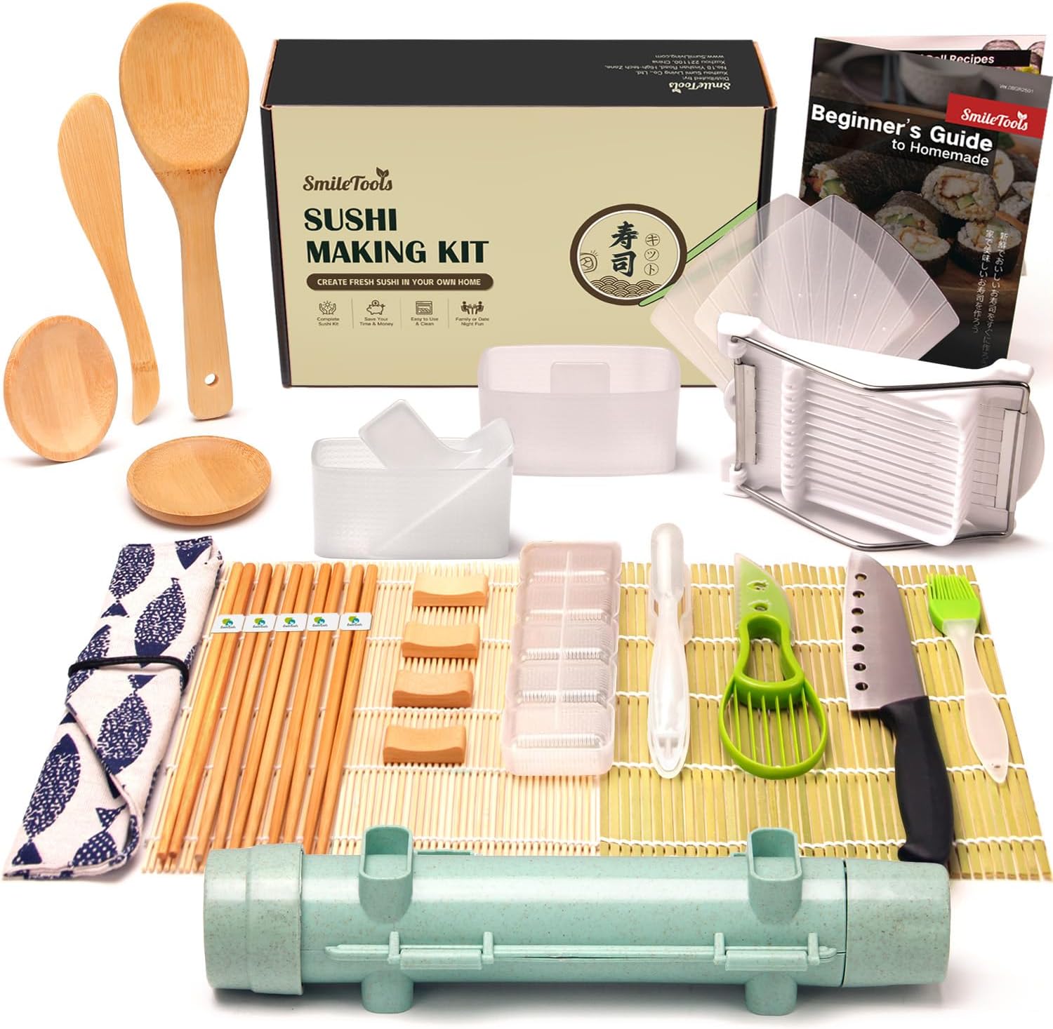 SmileTools Sushi Making Kit & Musubi Maker Kit - for Beginners & Pros with Sushi Roller Bazooka, 2 Bamboo Mats, 2 Musubi Press Molds and Spam Slicer