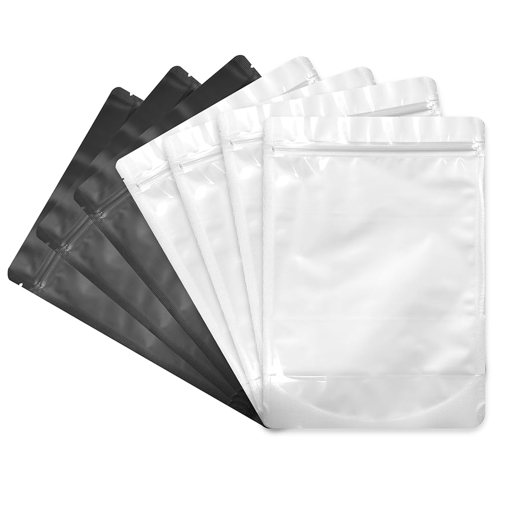 Black 7 x 10 Stand Up Pouch Bags, 100 Pack - Clear Front & Aluminum Foil Back, Resealable and Heat Sealable Storage Bags for Food, Snacks, Coffee, Candy, and More