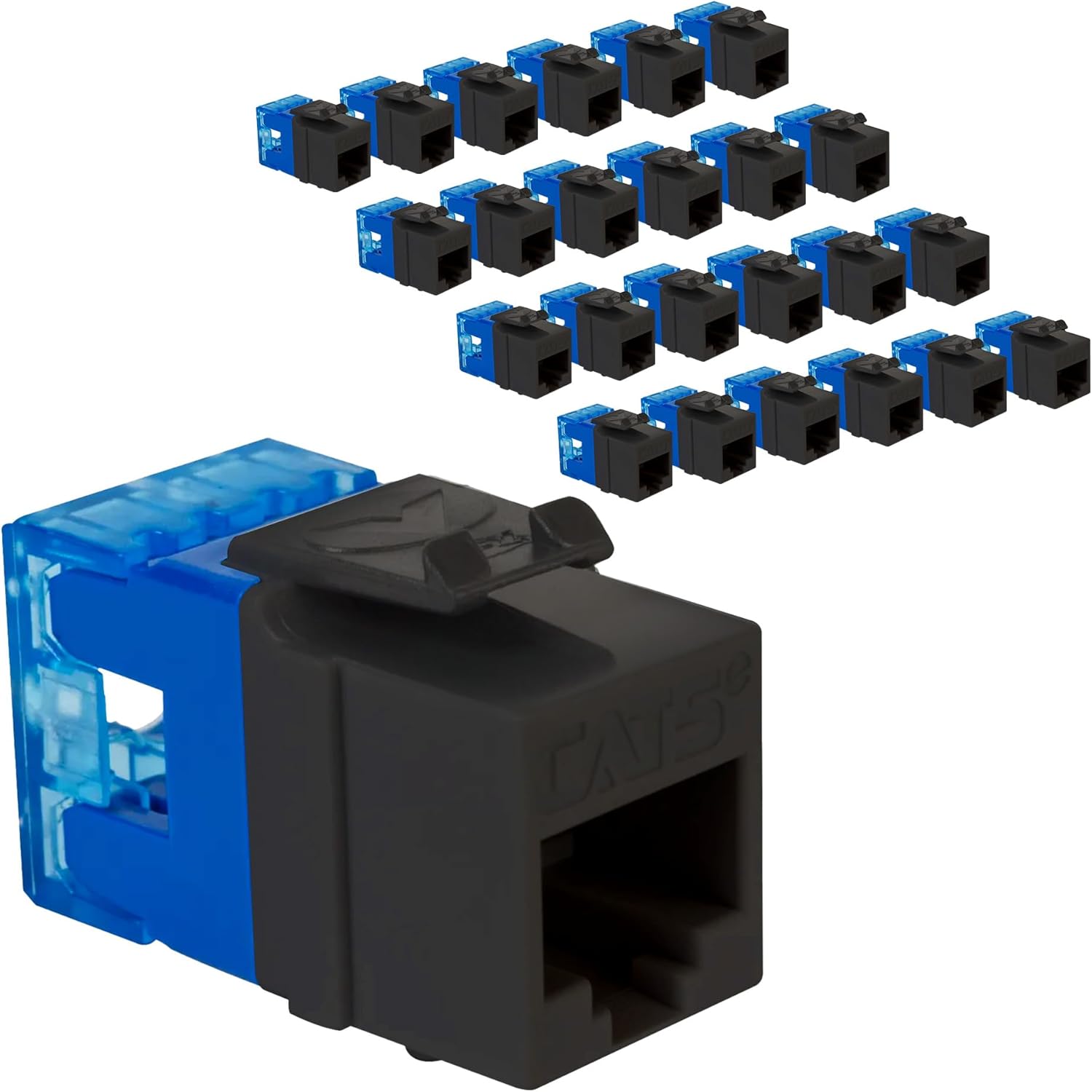 ICC CAT5e Keystone Jack with Slim Profile 180 Degree Punch Down, RJ45 UL Listed PoE++ TAA VoIP Compliant for Wall Plate or Patch Panel, Works with JackEasy Termination Tool, Black 25 Pack