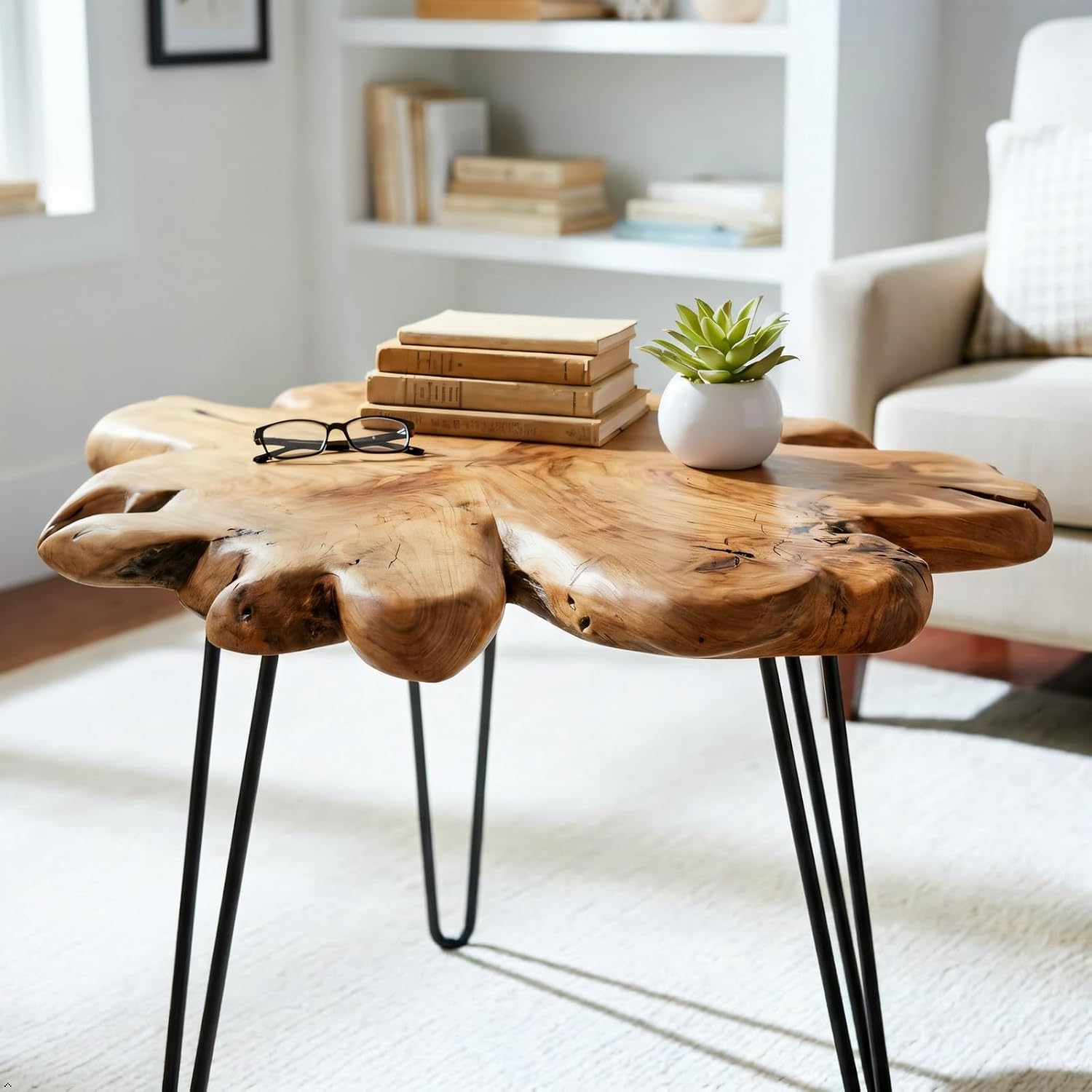 WELLAND Rustic Cedar Live Edge Coffee Table with Hairpin Legs | Measures approximately 28" W × 27" D × 16" H with a handcrafted cedar root tabletop and sturdy metal hairpin legs