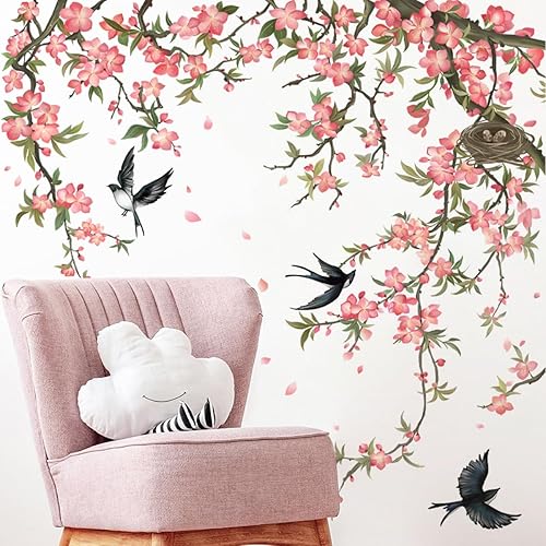 Miniatura 2 de Runtoo Calcomanías de pared de flores de cerezo, calcomanías de pared de flores rosas, ramas de árbol, pájaros, decoración de pared para sala de
