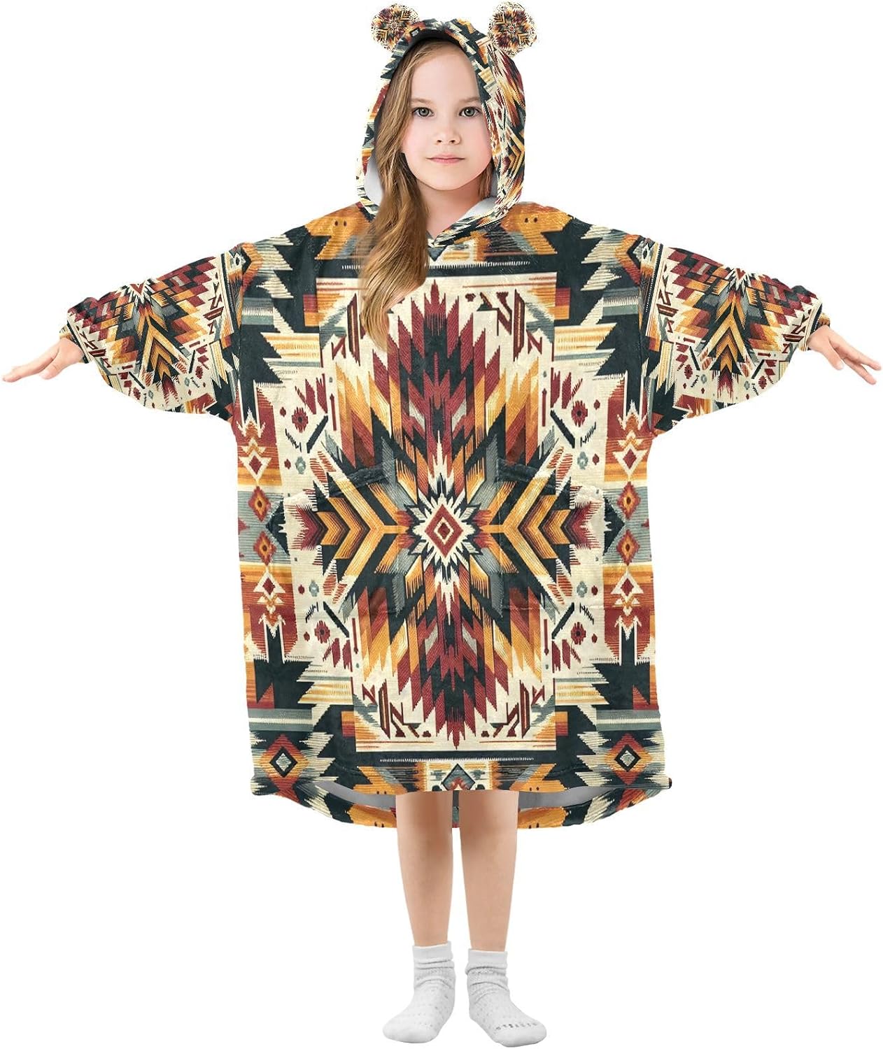 Kigai Ethnic Prints Wearable Blanket Hoodie for Kids Oversized Hooded Blanket Warm & Cozy Sweatshirt with Pockets