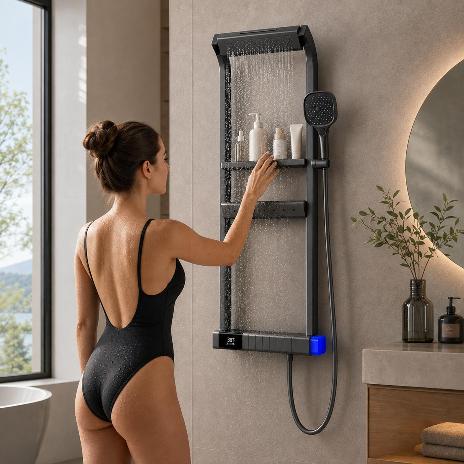 Torre Doccia Multifunzione 4 modalità con Display Digitale Gray | Controllo termostatico con temperatura e durata della doccia in tempo reale, per gestire meglio l'uso quotidiano in famiglia