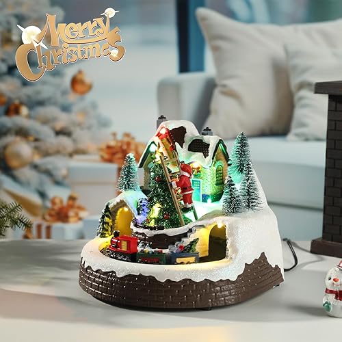 Miniatura 5 de Ovewios Casas de pueblo de Navidad, pueblo de nieve musical preiluminado con Papá Noel, árbol de Navidad, tren giratorio para fiesta de Navidad,