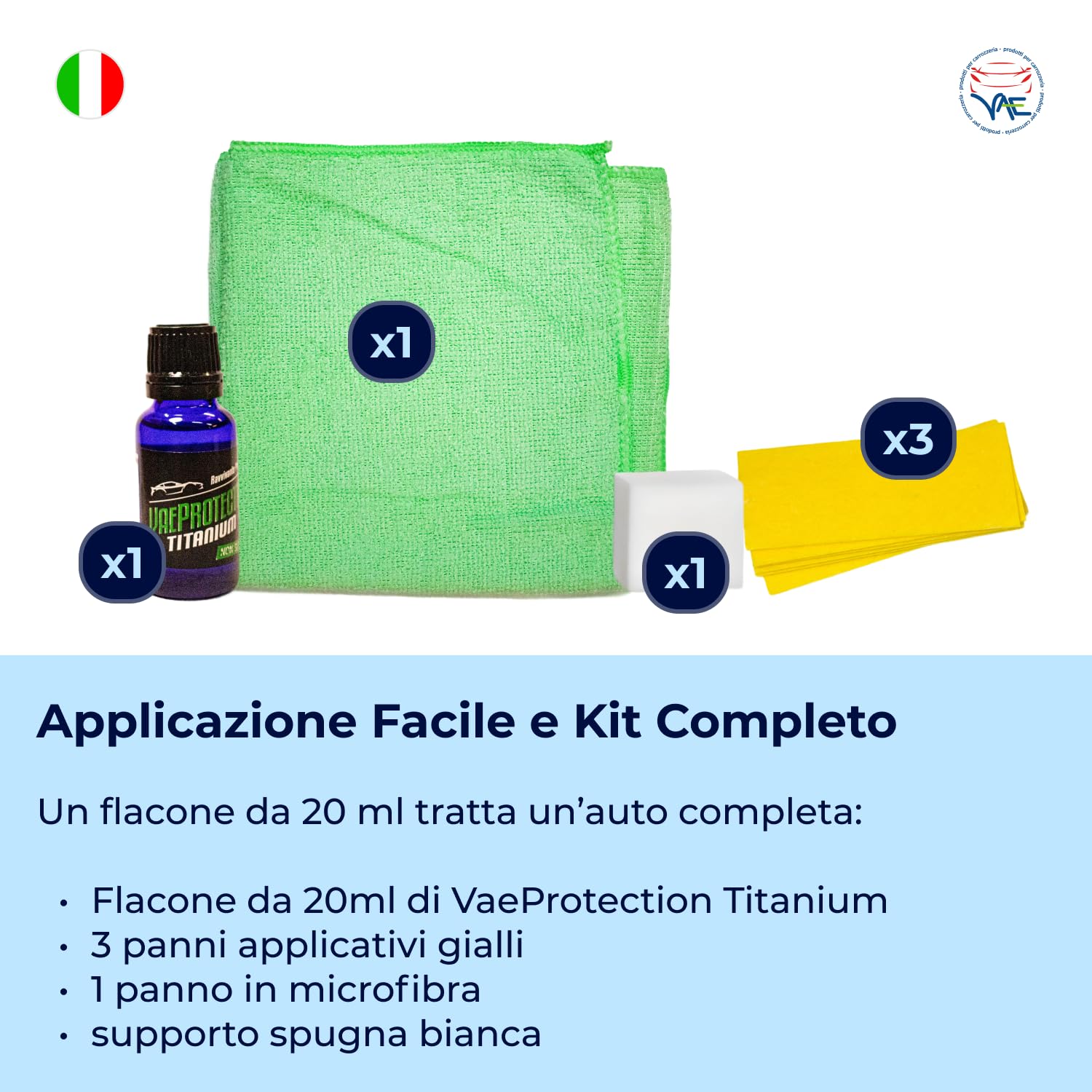 VAE Protection Titanium Rinnova Plastiche Auto - Protettivo Rigenerante 20 gr con Panno e Spugna, Formula Professionale al Titanio a Lunga Durata, Rigenera, Ripristina e Protegge con Effetto Anti-UV
