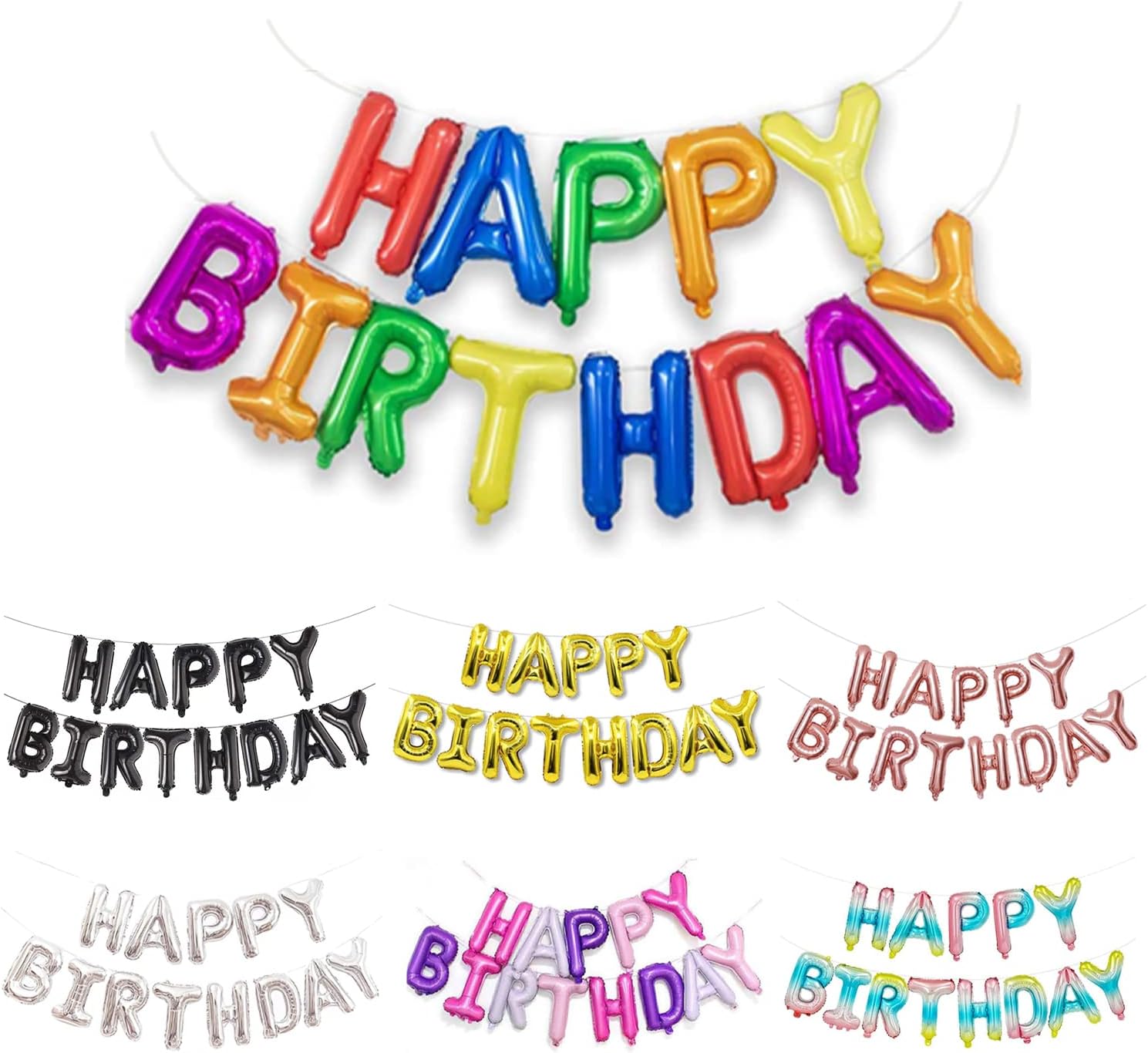 MARKQ Rainbow Happy Birthday Balloon Banner [16 Inch] - Mylar Foil Letter Sign for Birthday Party Decorations