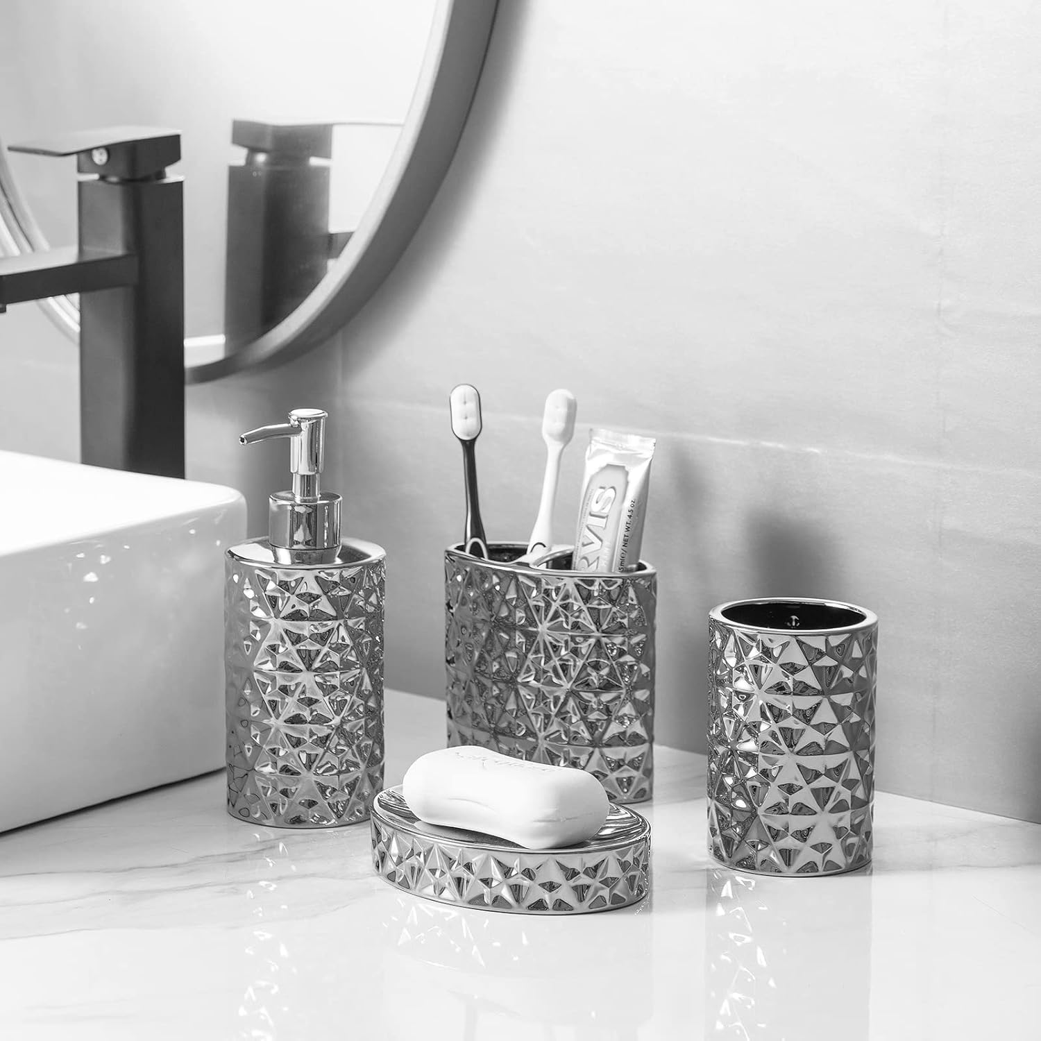 Silver Bathroom Accessories Set, 4 Piece Ceramic Bath Accessory Sets Complete, Diamond Soap Dispenser and Silver Toothbrush Holder Set for Bathroom Counter Sink, Farm Modern Bathroom Decor
