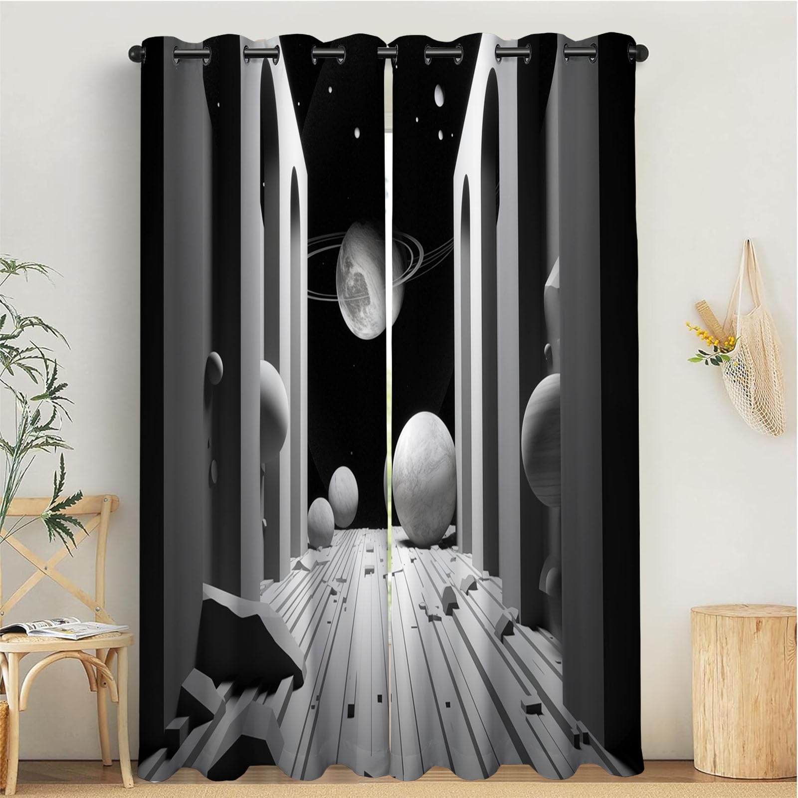 Rideau occultant géométrique gris clair, lot de 2 rideaux thermiques opaques 132x213 cm