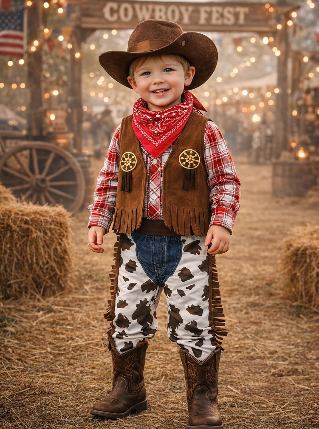 COSLAND 4pc Toddler Boys' Cowboy Outfit, Kids Halloween Costume Hat & Vest & Scarf & Pants, 12Months-4T