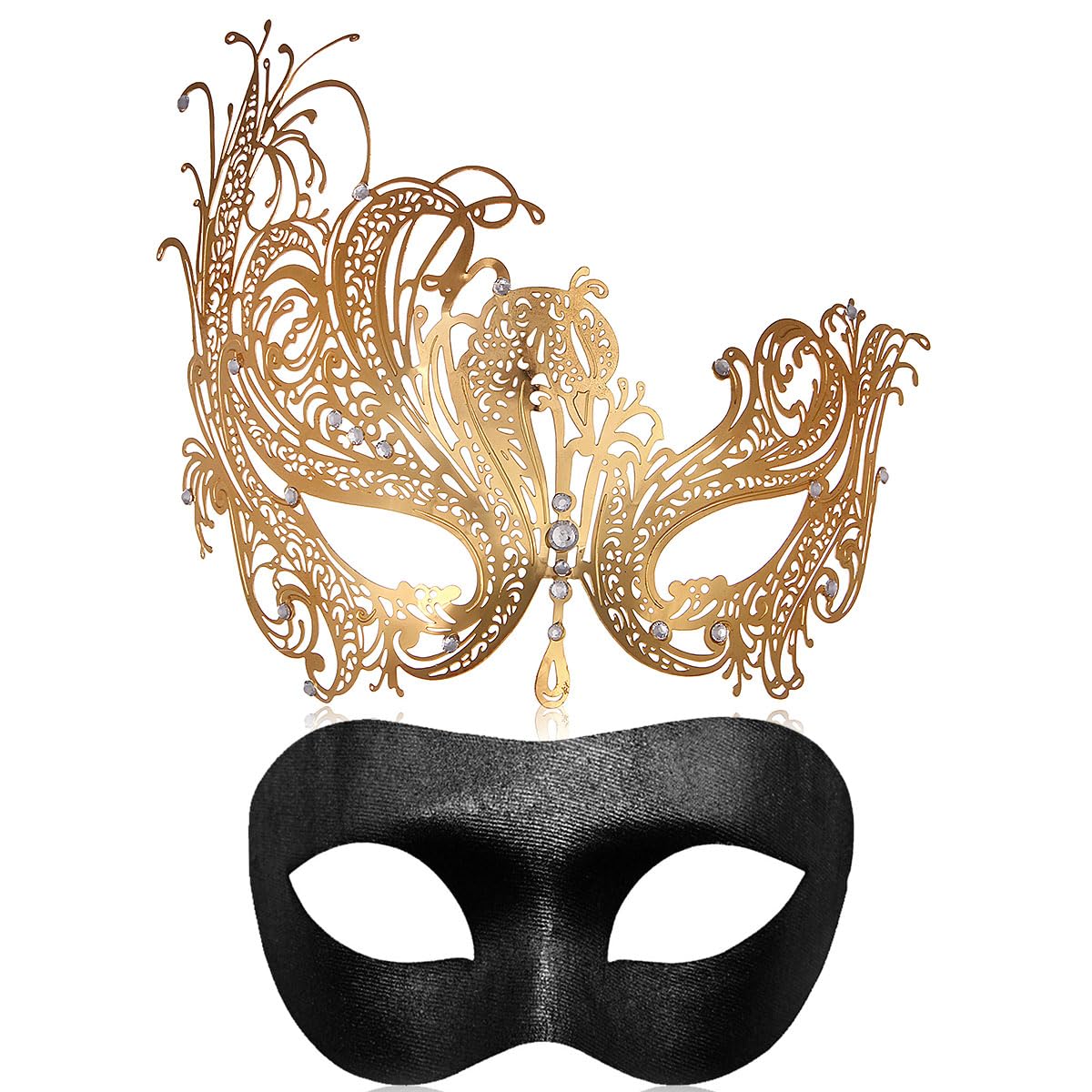 MYMENU Couple Masquerade Mask for Women Men Laser Cut Metal Mask Venetian Mask for Party Ball (Gold Phoenix Set)