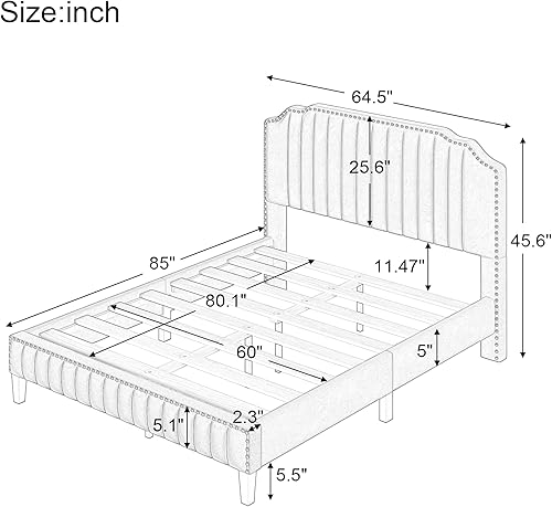 Miniatura 2 de AnwickNomo Moderna cama tapizada de lino con plataforma curvada tamaño Queen, marco de madera maciza, ribete de cabeza de clavos, fácil de instalar,