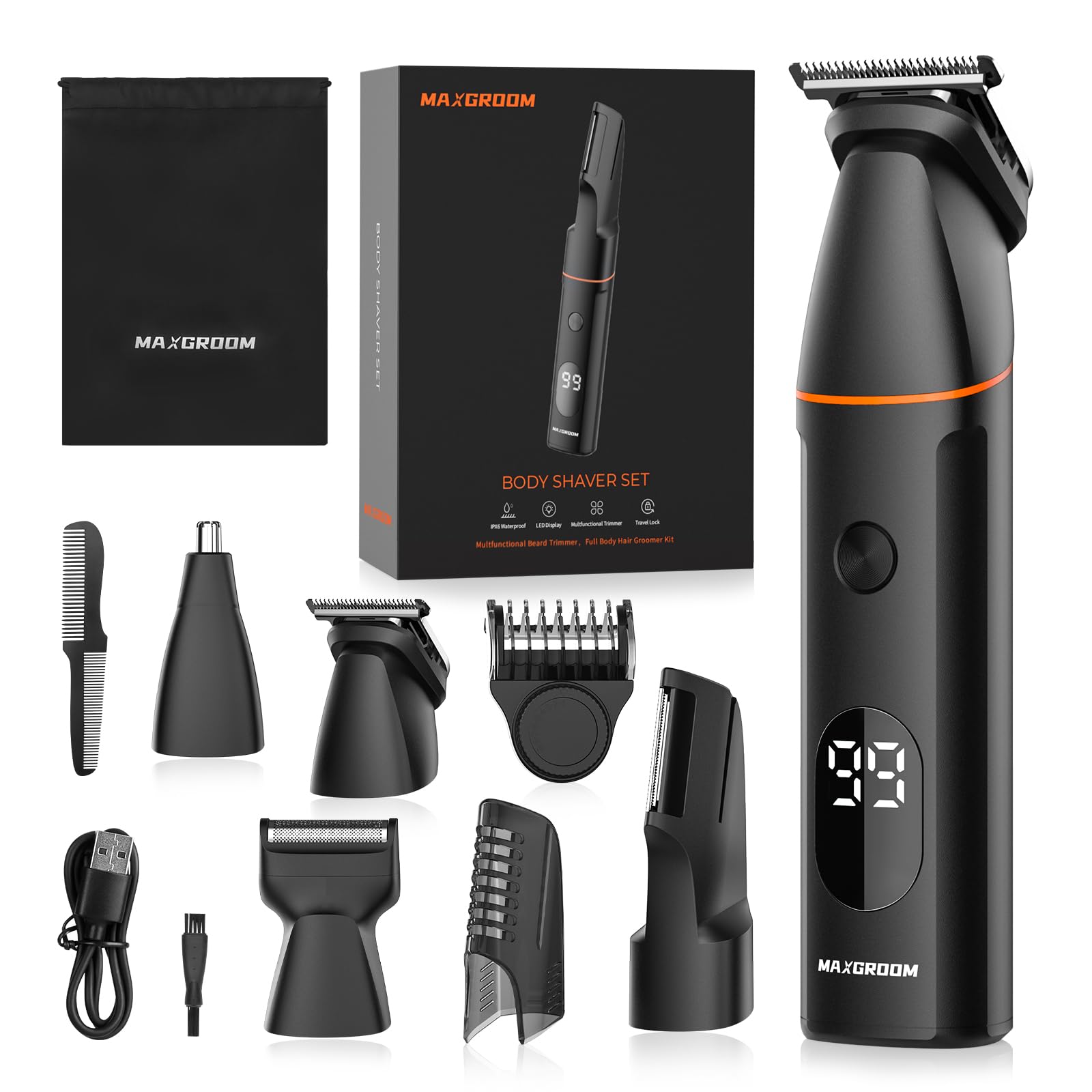 MAXGROOM Tondeuse Intime Homme, 4 en 1 Rasoir Intime Homme avec Affichage LED - Autonomie De 90 Min - Multi-Usage Pour Aine, Corps, Barbe et Poils Intimes - Rechargeable - USB-C - 100% Étanche(IPX6)
