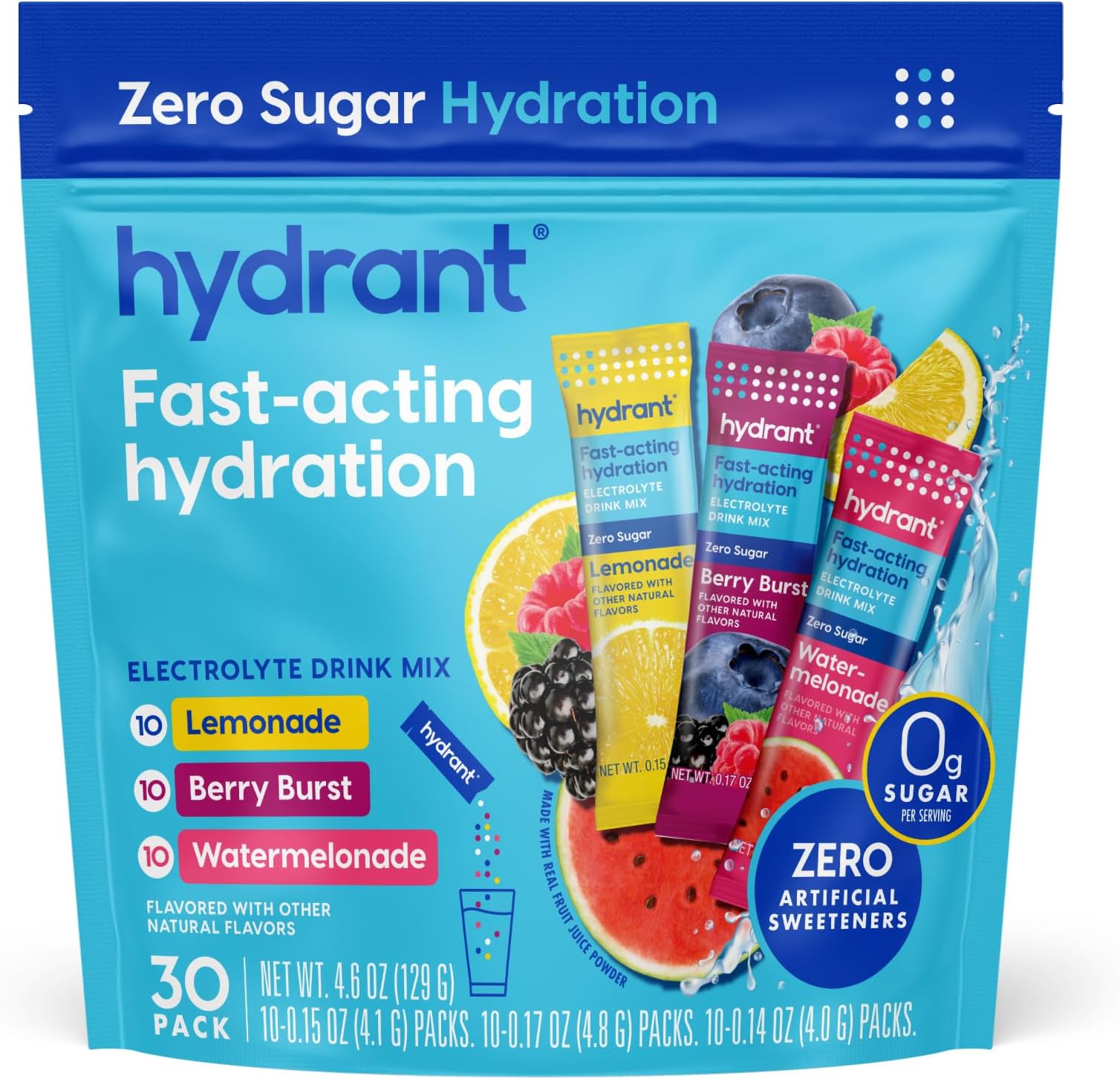 HYDRANT Hydrate Zero Sugar, Individual Hydration Electrolyte Powder Stick Packets with Zero Sugar and Electrolytes for Rapid Hydration (Variety Pack, 30 Count)