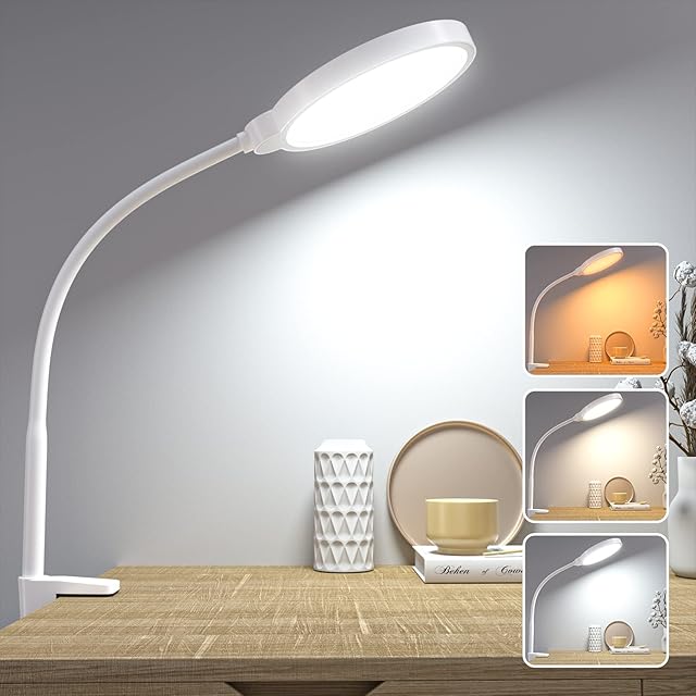 Hensam LED Desk Lamp, Dimmable Table Lamp,Flexible Reading Lamp for Home,Office,Reading,Studying,Drawing,10 Brightness Levels & 3 Color Temperatures,Clip on Desk,Adjustable,White