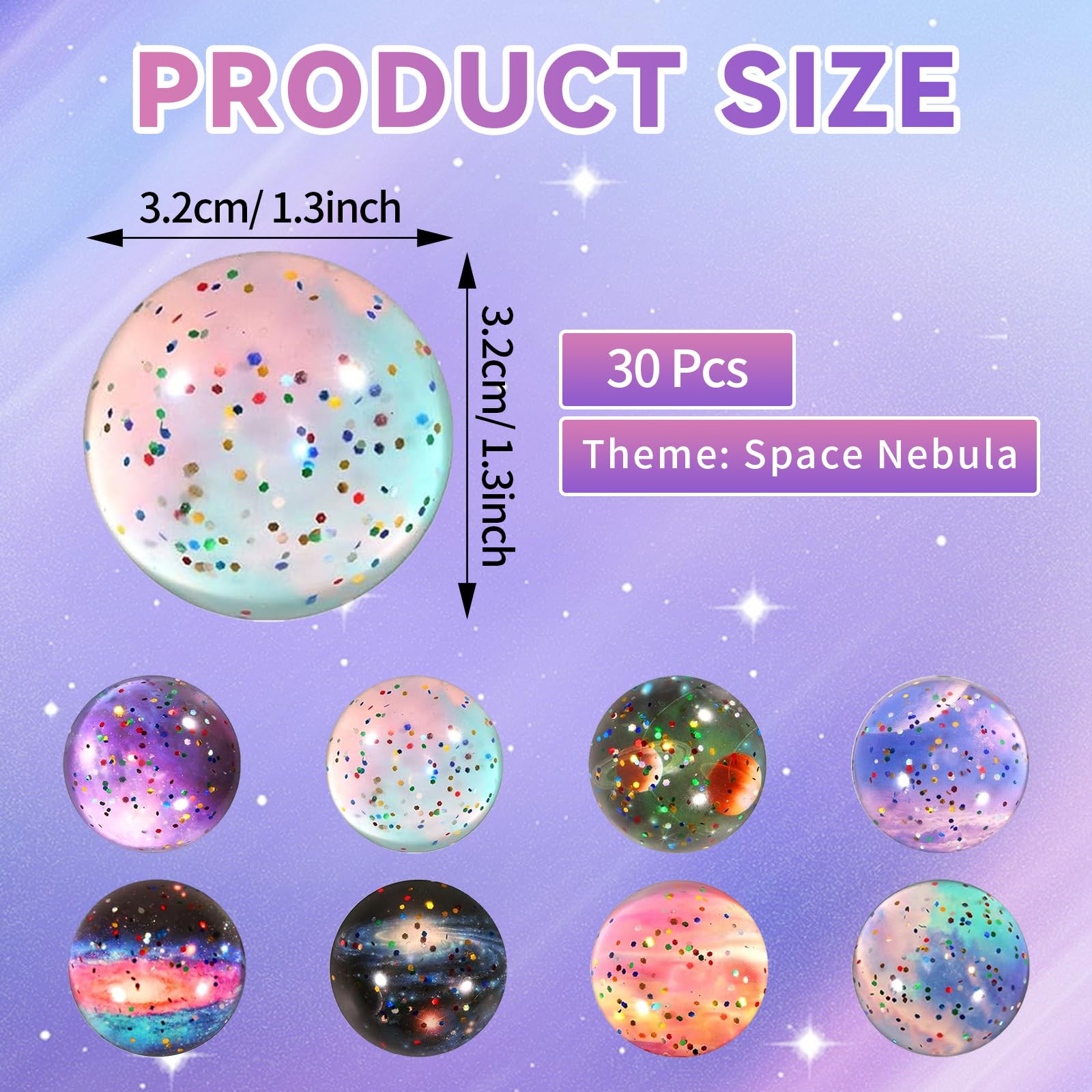 30 Pièces Boules Rebondissantes Pailletées Cosmiques 32mm - Balles Enfant Thème Espace Pour Fêtes Et Jeux