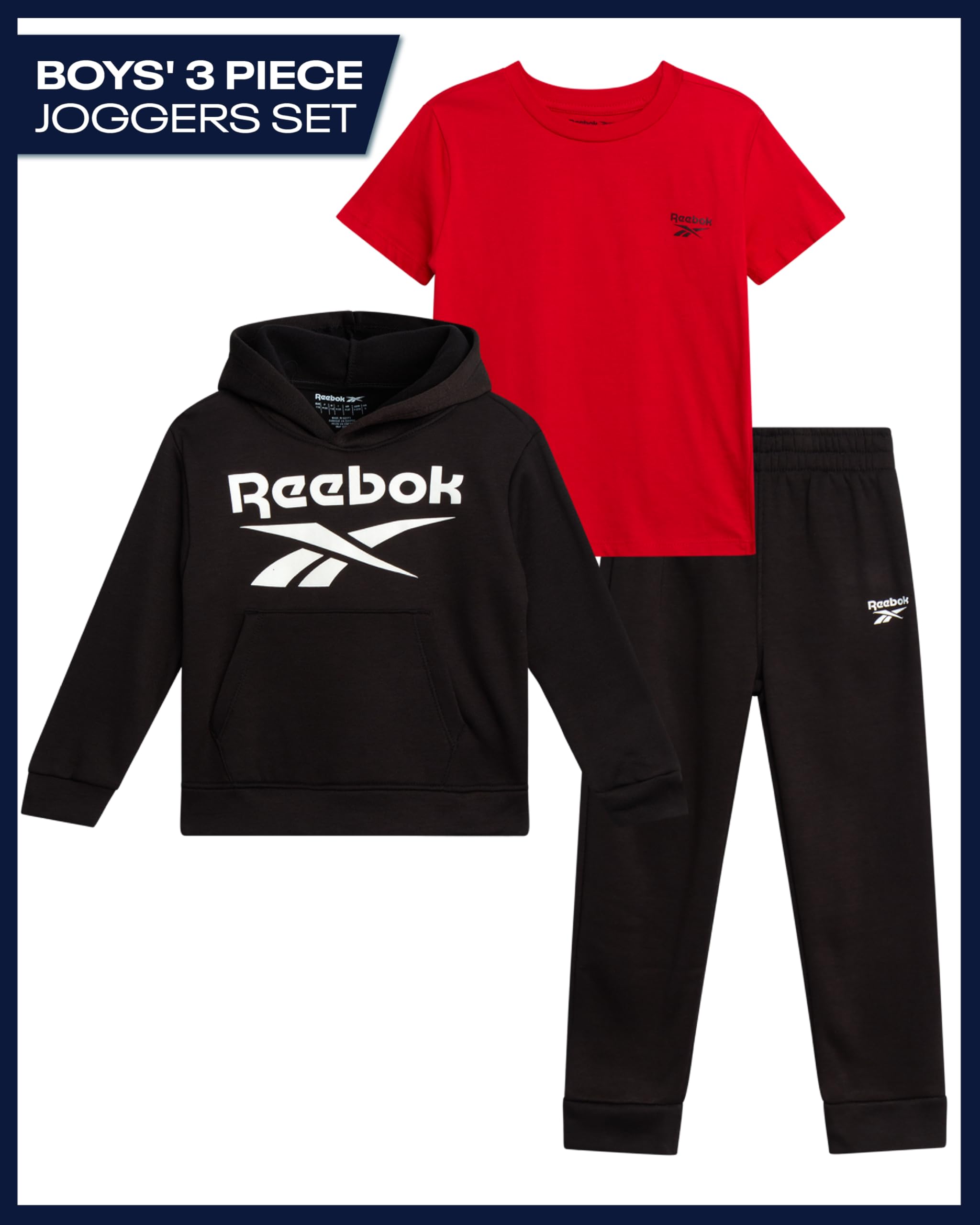 Reebok Set di pantaloni da bambino, 3 pezzi, t-shirt, felpa con cappuccio e jogger, set da jogging in pile, per taglie da bambino