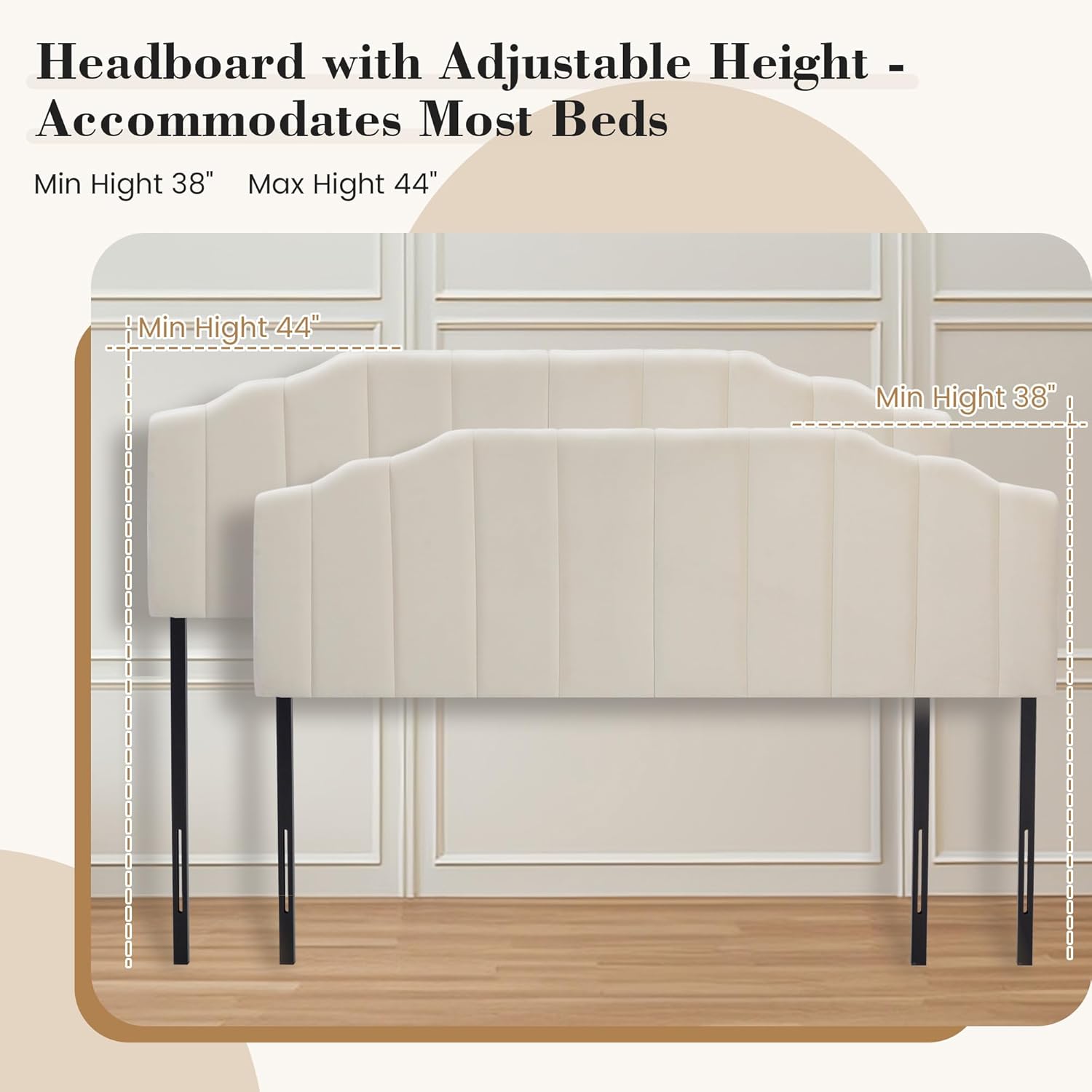 Upholstered Headboard Adjustable Height Queen/King Headboard Cream Velvet Tufted Modern Vertical Channel Design with Stepped Silhouette Top Edge(Beige Queen)