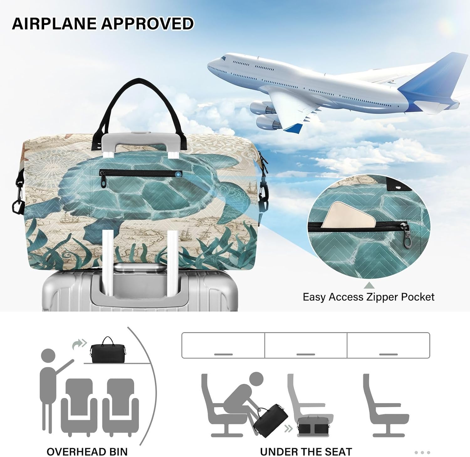 Weekender Bags Travel Duffel Gym Bag Carry on Overnight Tote Bag with Toiletry Bag for Airplane Travel Trip Gym Yoga (Sea Lives Turtle Coral) - Image 5