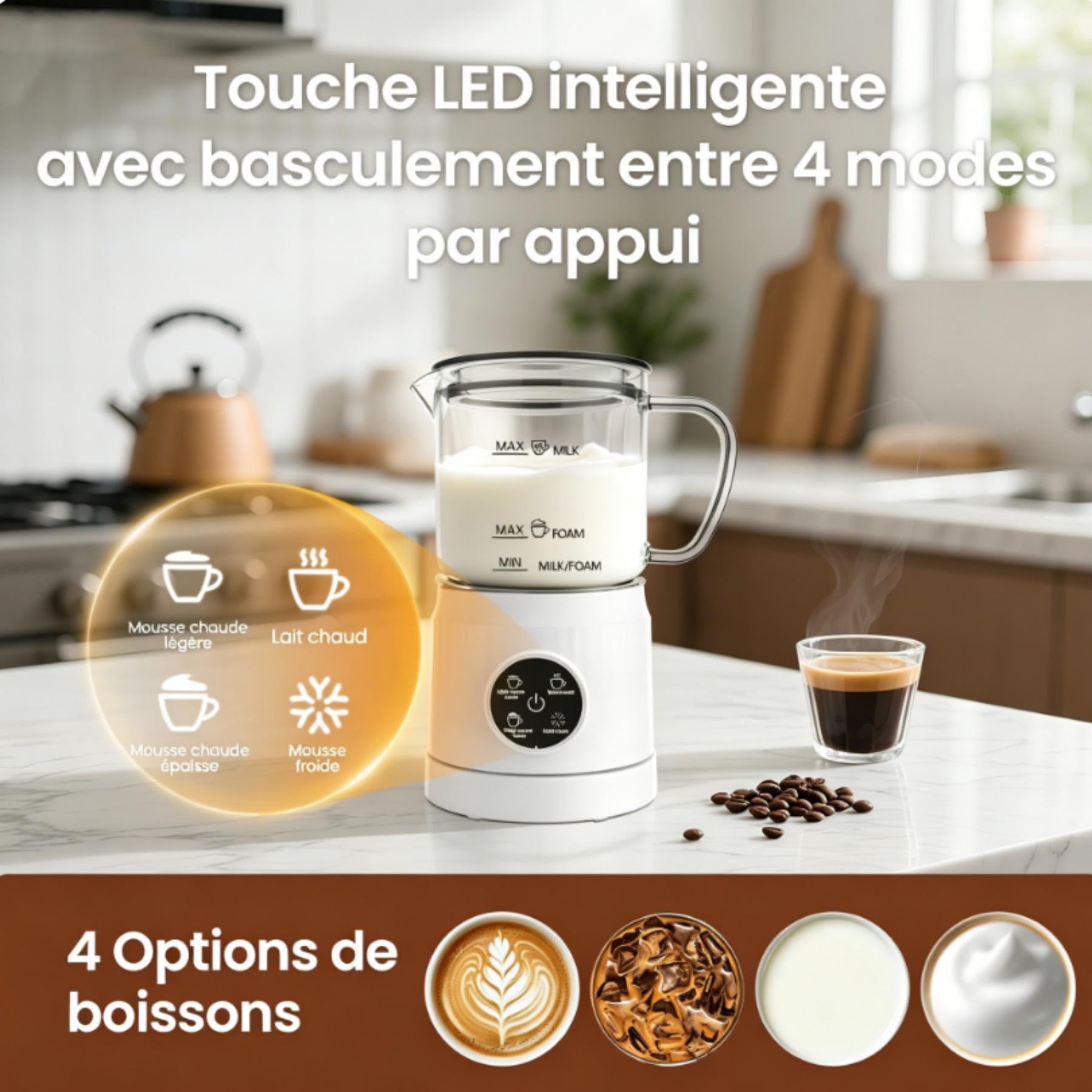 Mousseur à Lait Électrique 4 en 1 avec Chauffe Lait, Carafe Transparente pour Contrôle Visuel, Commande Tactile, Mousse Chaude et Froide pour Café, Latte, Cappuccino, Verre