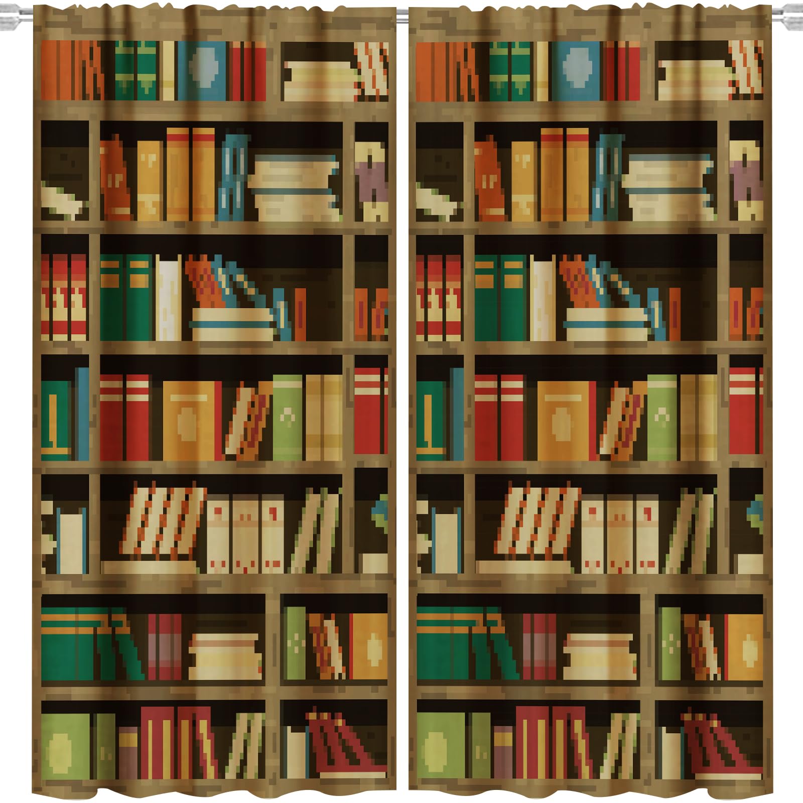 Pixelated Bookshelf Window Curtains Pixel Art Style Game Door Curtain for Boy Girl Kids Room Bedroom Playroom Nursery Home Office Decorations Fabric Machine Washable Video Game Gifts 83 x 79 in