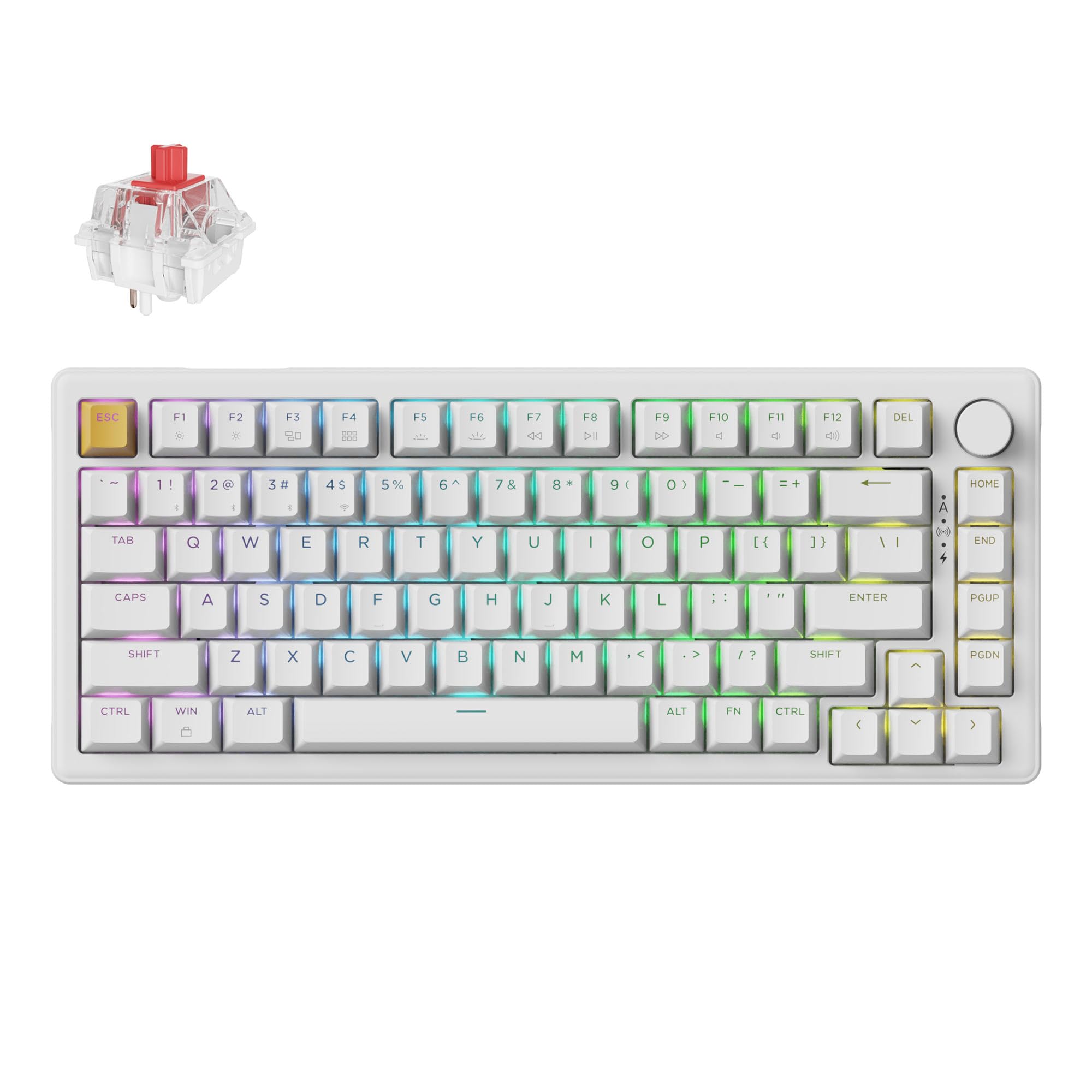 Keychron J2 Tastiera Meccanica Senza Fili 2.4GHz Bluetooth QMK 75% Layout RGB con Manopola, Interruttore Rosso Hot-Swap Compatibile con Mac Windows Linux per Gaming Office - Bianco
