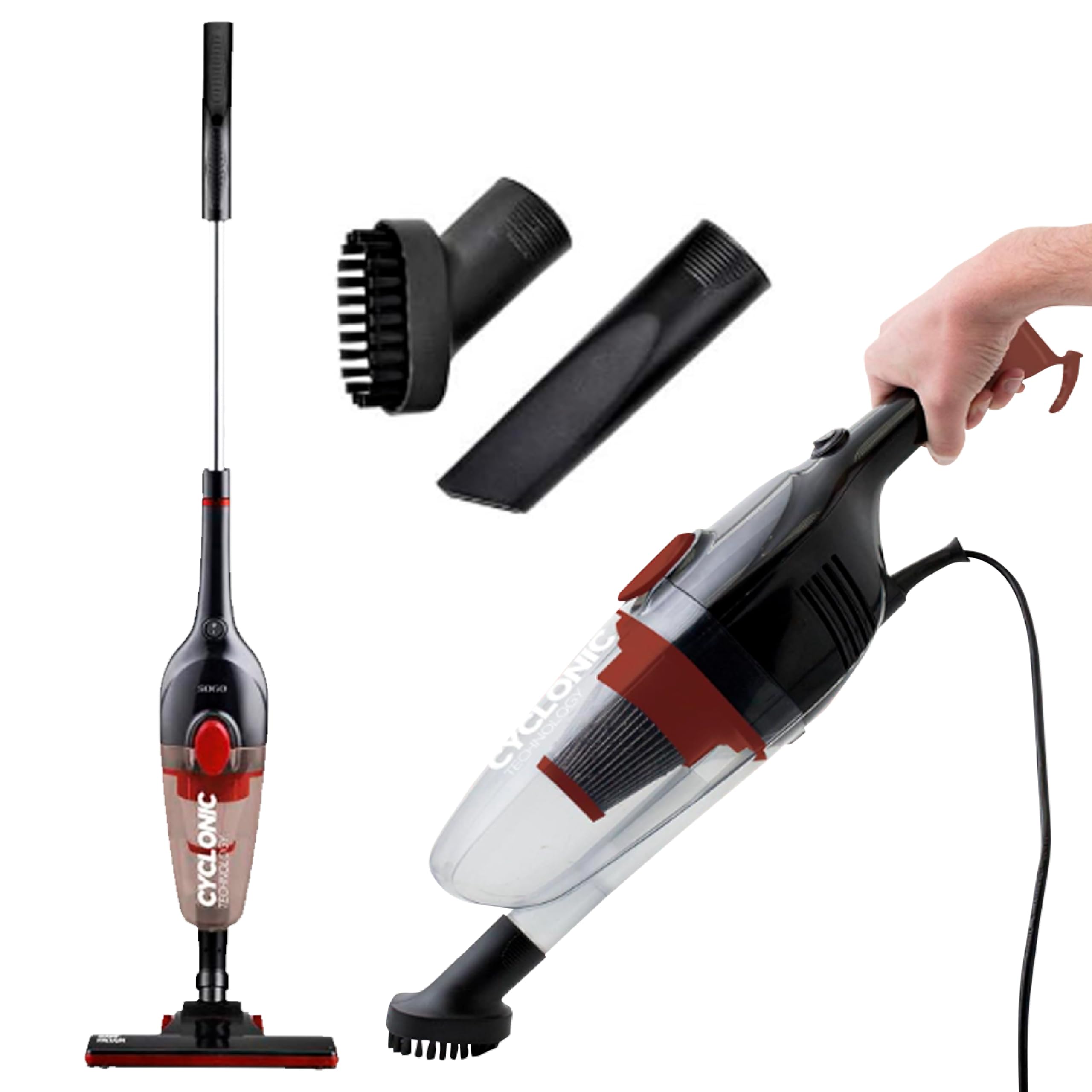 SOGO Aspiradora sin Cable 2 en 1 Ciclónico Vertical y Manual con Accesorios - Aspirador con Cable 600W con Filtro HEPA Lavable de Alta Potencia - Tecnología Ciclónica y Eficiencia Energética Clase A