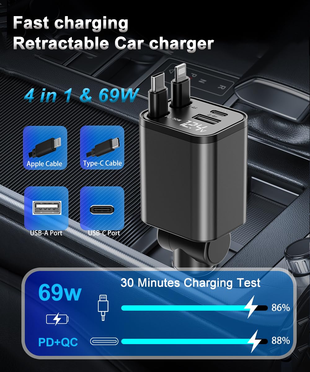 Cargador de coche retráctil 4 en 1, cargadores de coche de carga súper rápida, con 2 cables retráctiles y 2 puertos UBS, adaptador de coche para iPhone 16/15/14/13/12 Series y para Android