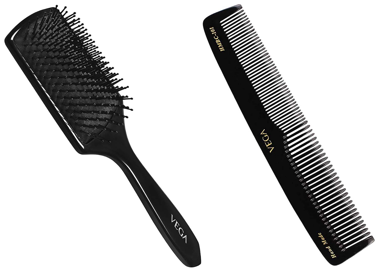 VEGA Mini Paddle Brush, black, 100 g & Vega Graduated Dressing Comb, 9-inch, Black