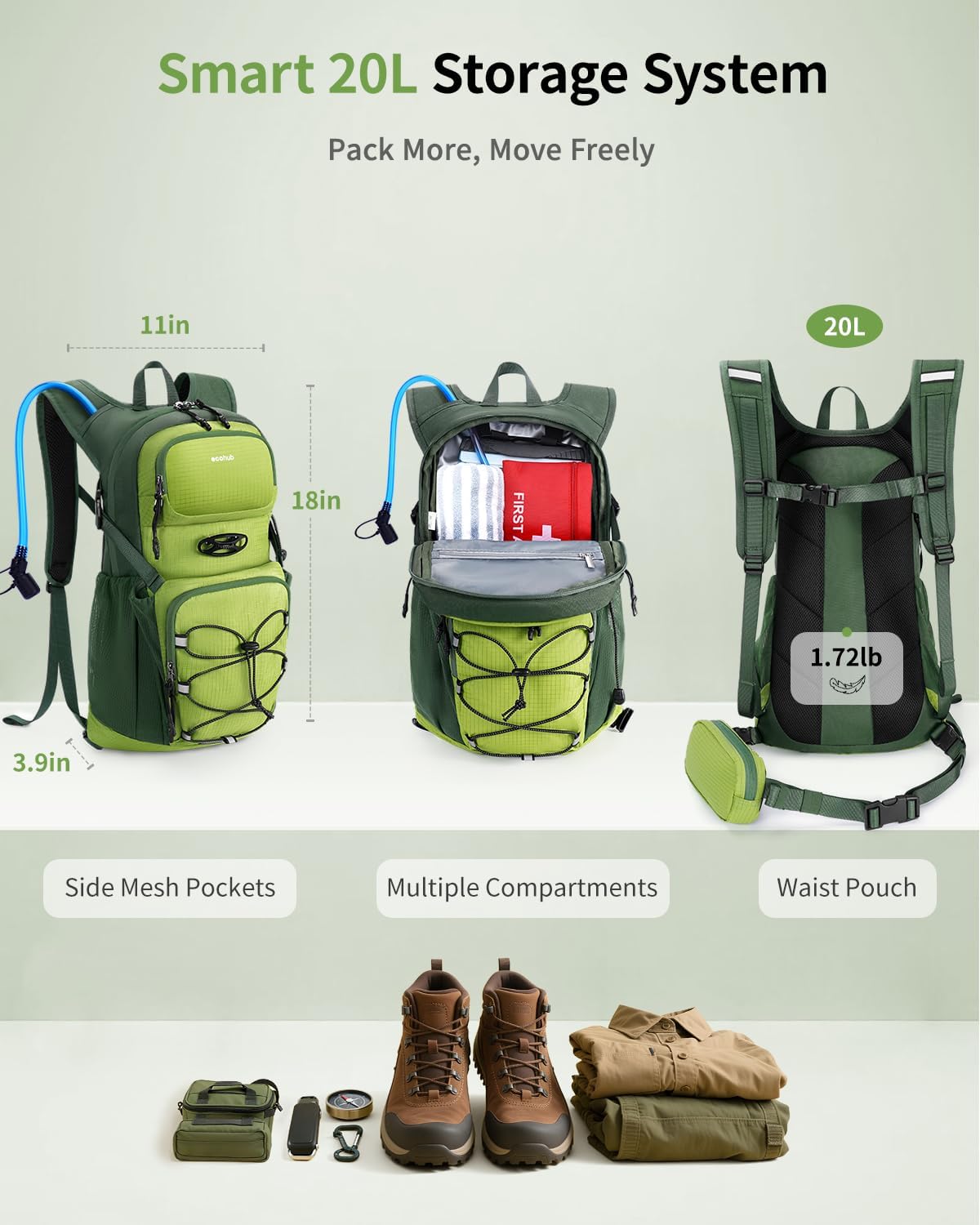 ECOHUB Hydration Backpack for Men Women, 20L Lightweight Hiking Daypack Cycling Backpack with 2L Water Bladder, Insulated Hydration Pack with Waist Pack