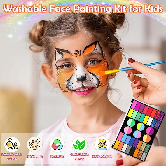 Professional 69 Colors Face Painting Kit for Kids Washable Skin Watercolor Non-Toxic Body Paint Face Glitter Makeup Palette with Stencils, Gems, Brushes for Kids Party Cosplay Halloween FX