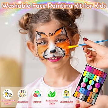 Professional 69 Colors Face Painting Kit for Kids Washable Skin Watercolor Non-Toxic Body Paint Face Glitter Makeup Palette with Stencils, Gems, Brushes for Kids Party Cosplay Halloween FX