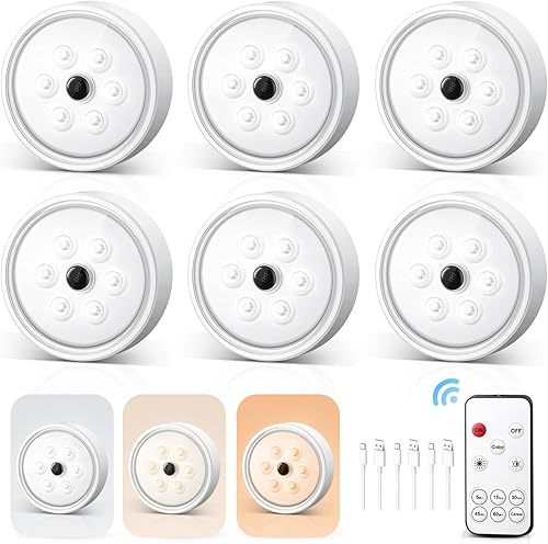 Luces LED de disco, luz inalámbrica con sensor de movimiento para armario, 3 colores, iluminación debajo del gabinete, 1200 mAh, atenuador