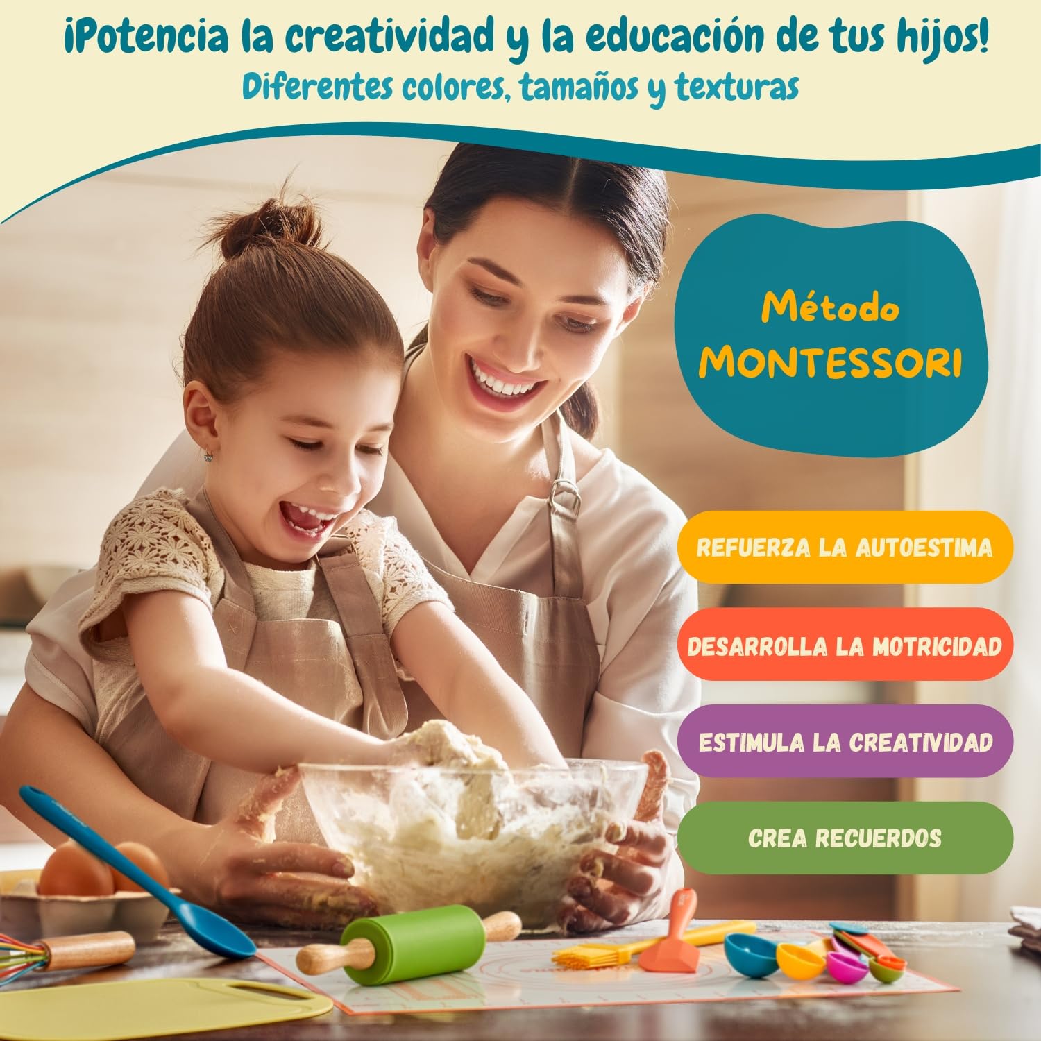 Kit Cocina Montessori para Niños con Utensilios de Cocina Reales y Set de Cuchillos Seguros - Kit de Reposteria Infantil con Cuchillo de Aprendizaje - Regalo Educativo Desde 3 Años