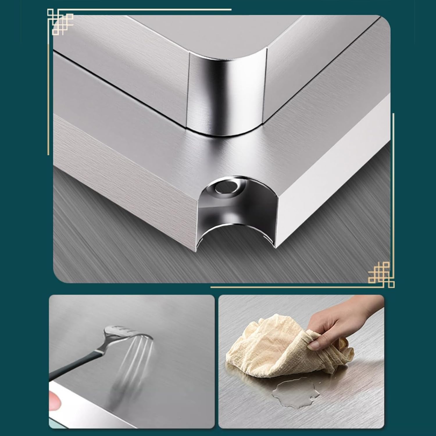 Three Tier Workbench Chopping Board Multifunctional Kitchen Prep Table Commercial Stainless Steel Workbench Open Storage Rack Metal Table Round Corner Design