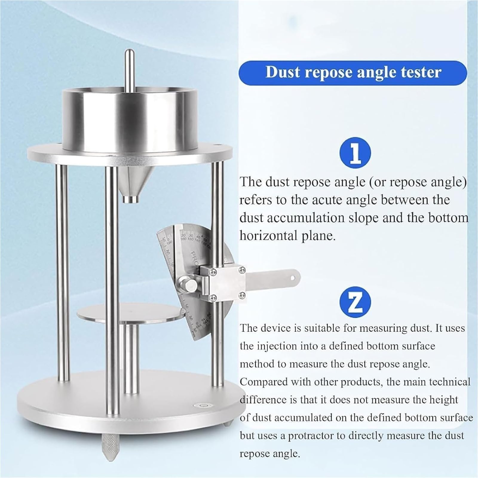 Tester powierzchni cząstek stałych, regulowany tester kąta spoczynku kątomierza z lejkiem, okrągły dysk o średnicy 80 mm, stożek 60° ± 0,5°, stal nierdzewna