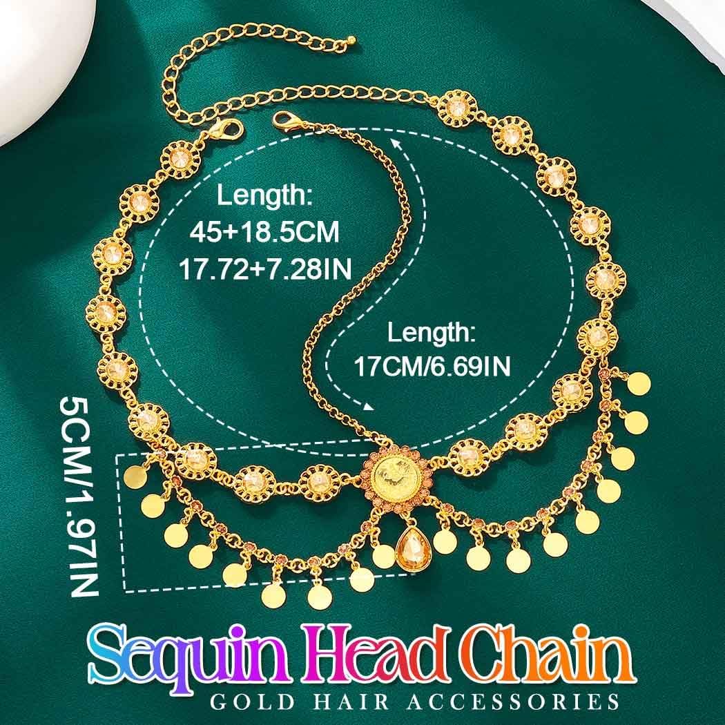CAKURE Sequin Head Chain Jewelry Gold Egyptian Headpiece Jewelry for Women | Cleopatra Head Chains Halloween Festival Costume Hair Accessories