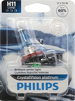 Philips Automotive Lighting H11 CrystalVision Platinum Superior Upgrade Automotive Replacement Bright White Headlight Bulb, for High Beam, Low Beam, and Fog Positions Pack of 1
