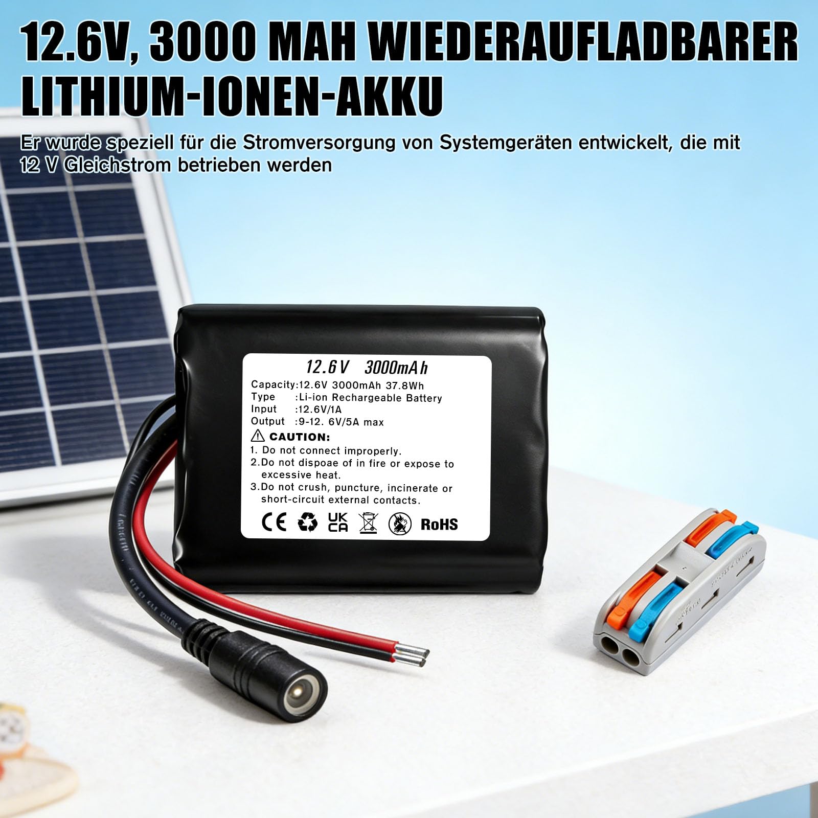 12.6V 3000mAh Lithium-ionen Akku, Wiederaufladbarer Akku mit Ladegerät und 2 Verbindungskabeln für Solar Panel, Radio, Kameras, Camcorder, DIY Leselampe, Teleskop, Sonar
