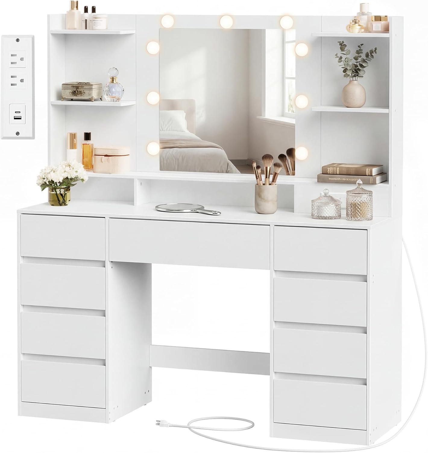 SONGMICS Home Vanity Desk with Mirror and Lights, Makeup Vanity Table with Power Outlets, 9 Drawers Storage Dressing Table for Bedroom, White