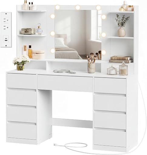 SONGMICS HOME Vanity Desk with Mirror and Lights, Makeup Vanity Table with Power Outlets, 9 Drawers Storage Dressing Table for Bedroom, White