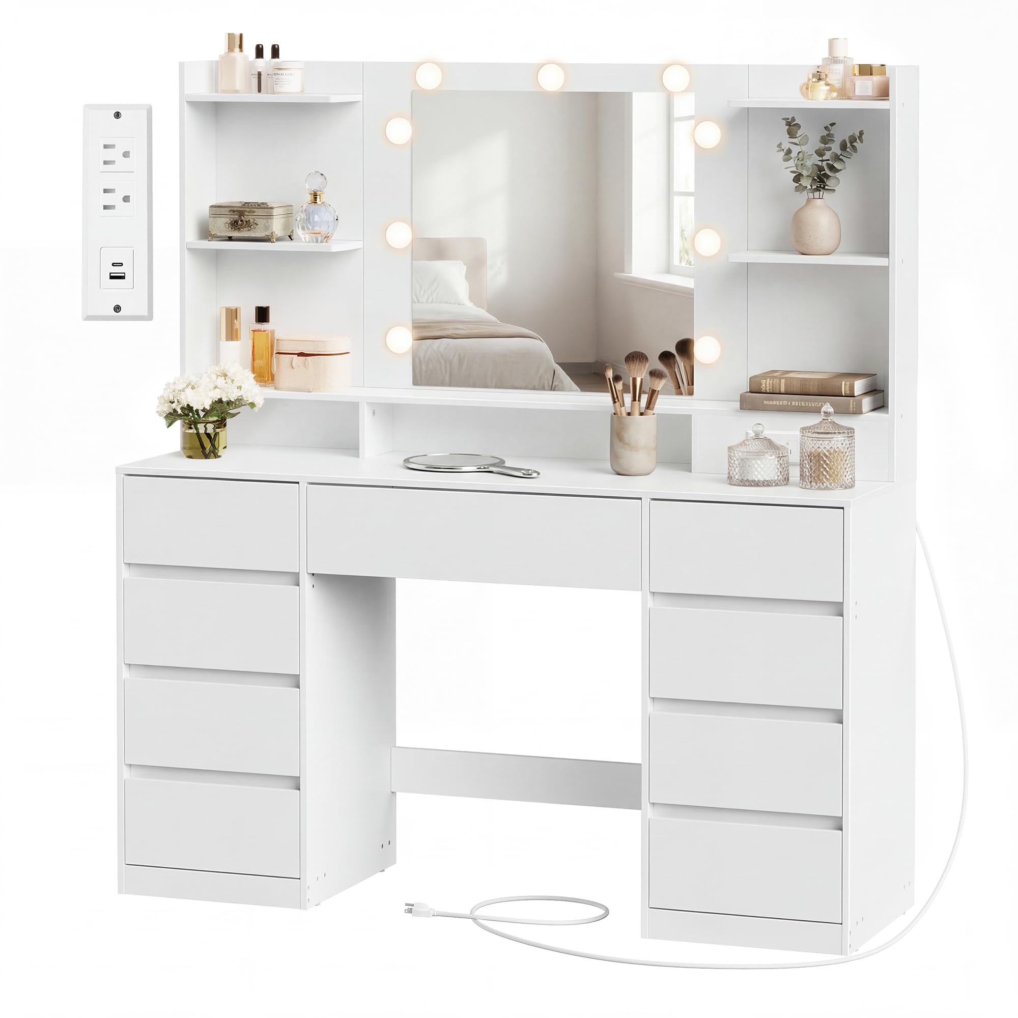 Illuminated Vanity Desk with Mirror & Outlets
